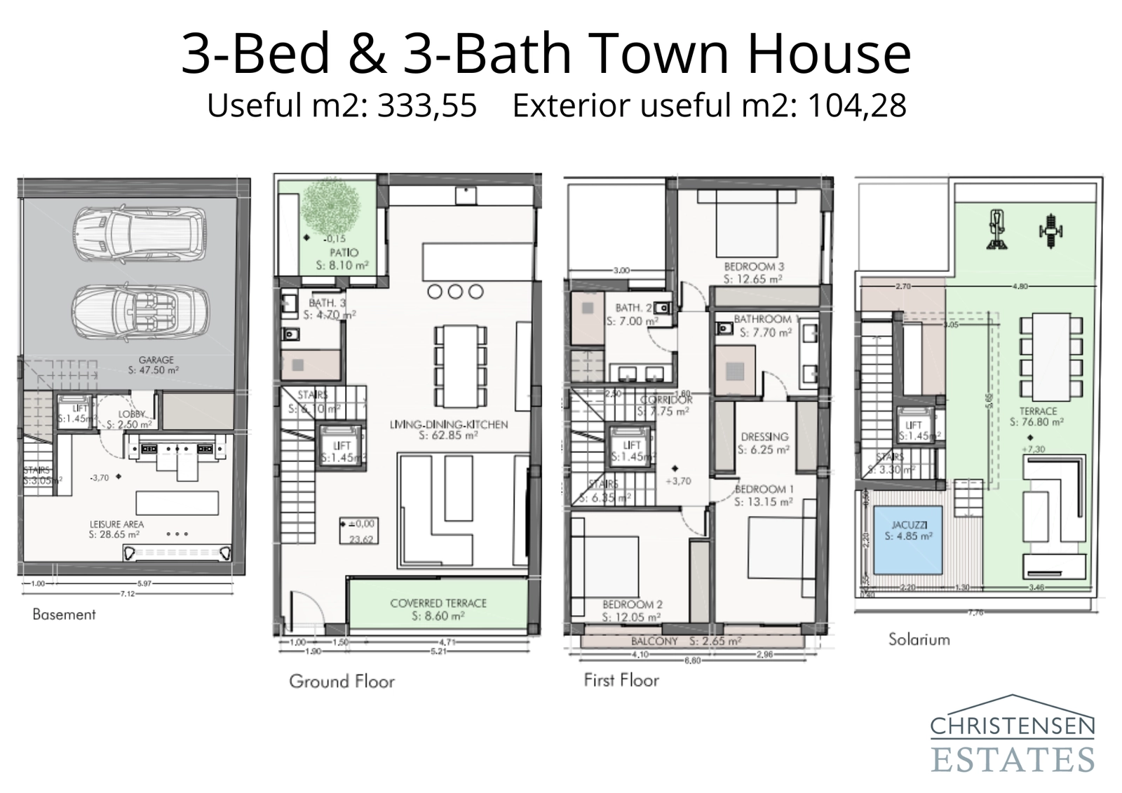 This three-bedroom townhouse layout offers multi-level living, including a private basement garage, an open-plan ground floor, and a spectacular rooftop solarium.