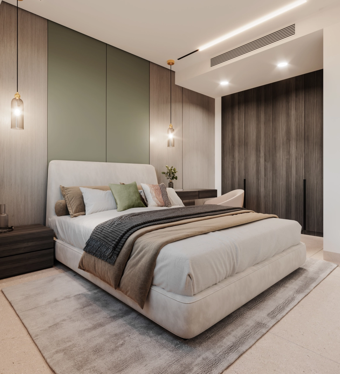 A comfortable and stylish secondary bedroom, designed with warm materials and ample storage.