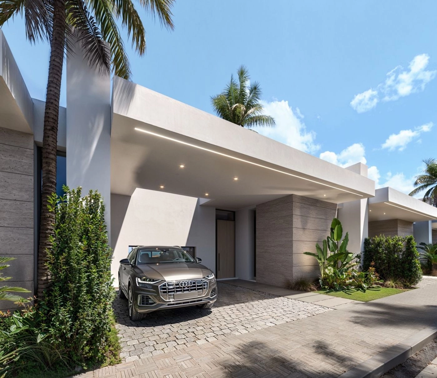 The elegant entrance and covered parking area reflect the modern architectural style of these luxury homes.