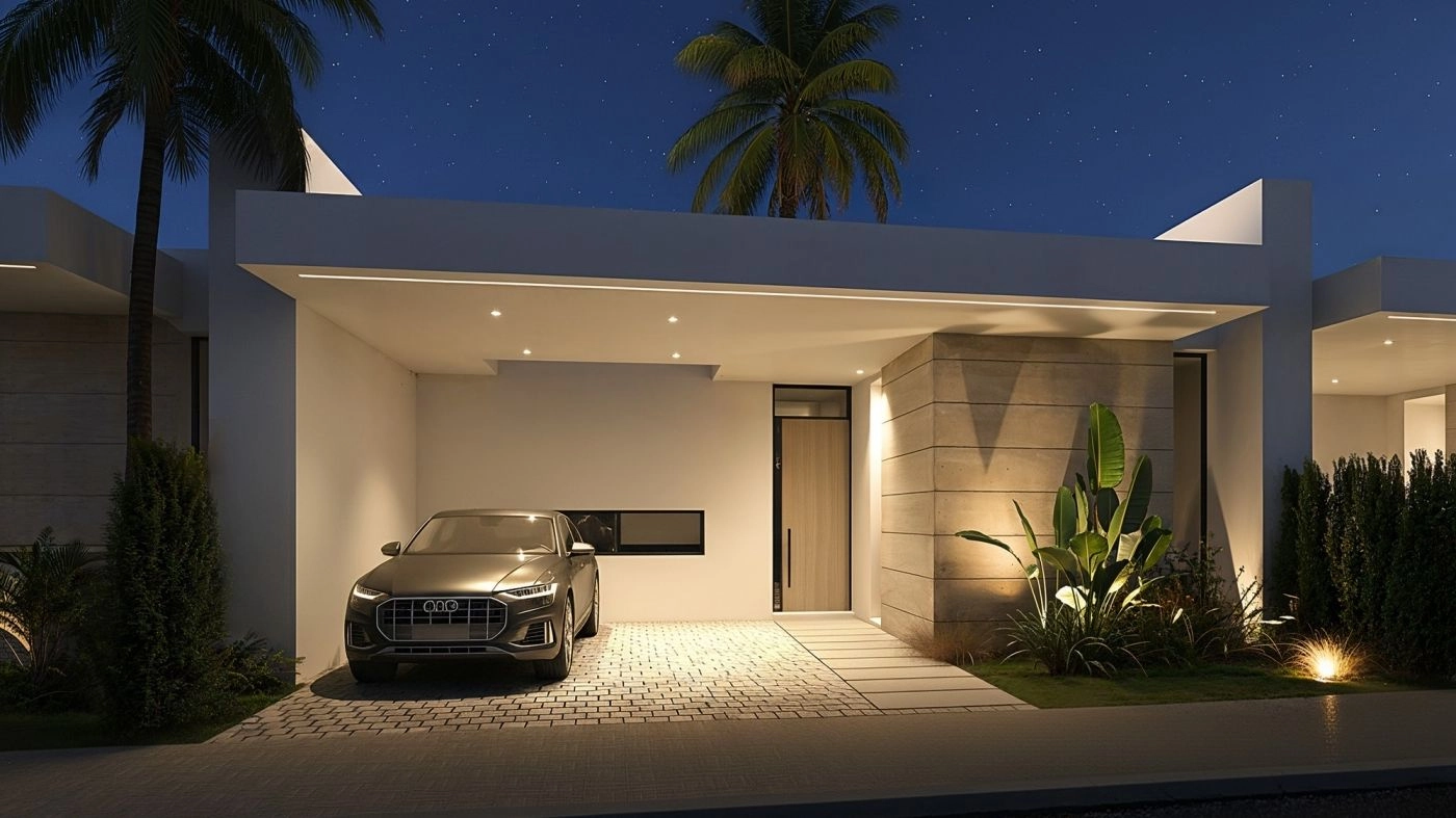 A sophisticated entrance at night, with carefully designed lighting that creates a warm and impressive welcome.