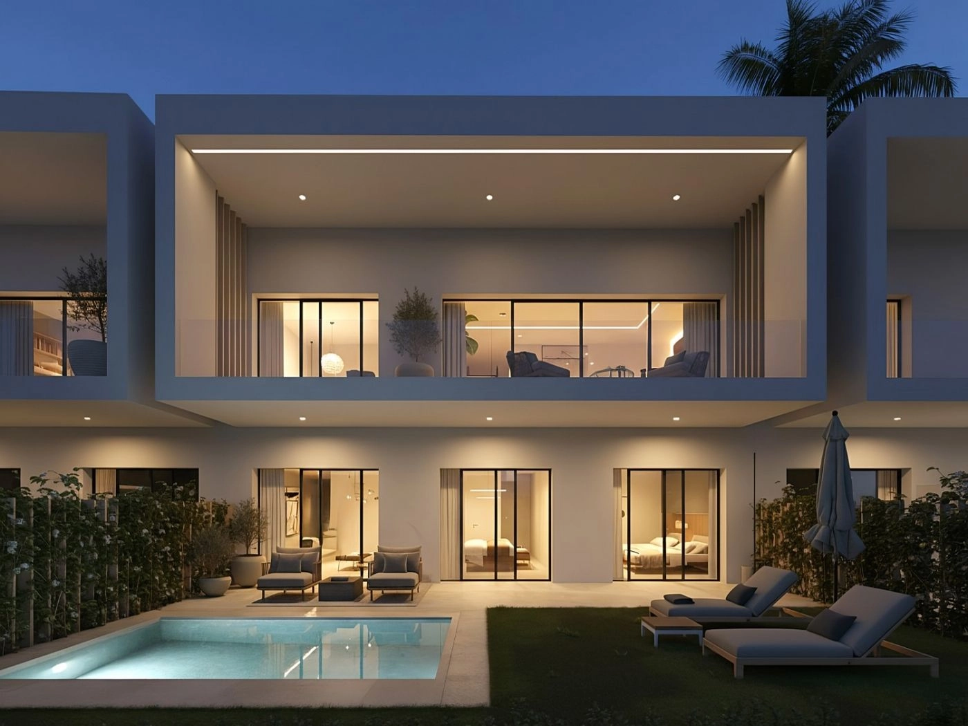 The villa's exterior by night, highlighting the clean lines of its architecture and the inviting glow of the private pool.