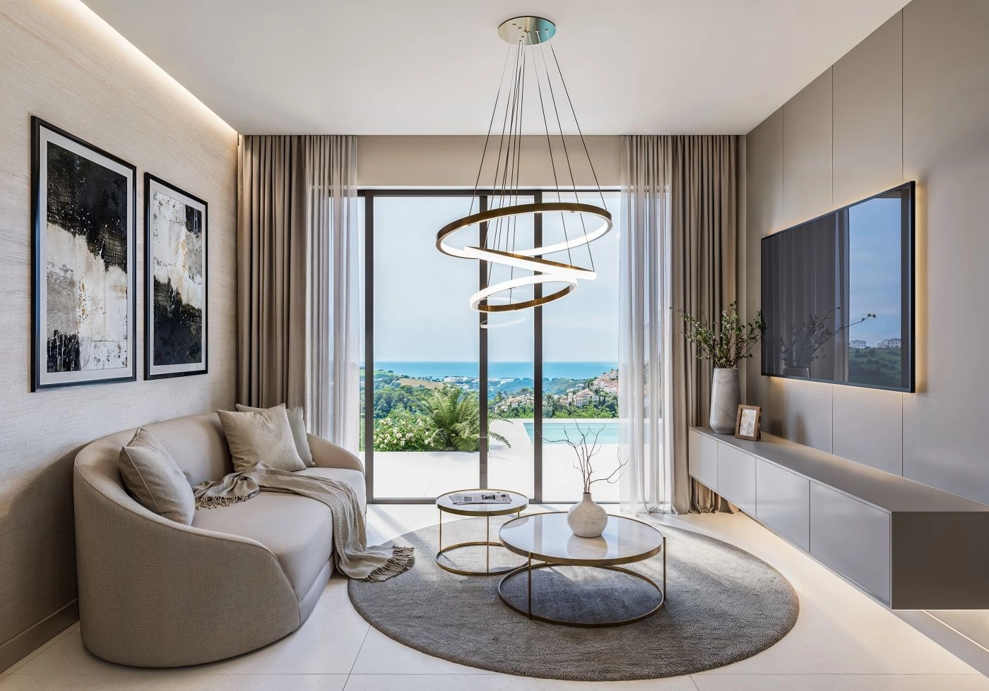 The living area is designed to frame the incredible sea views, creating a perfect space for relaxation and entertaining.