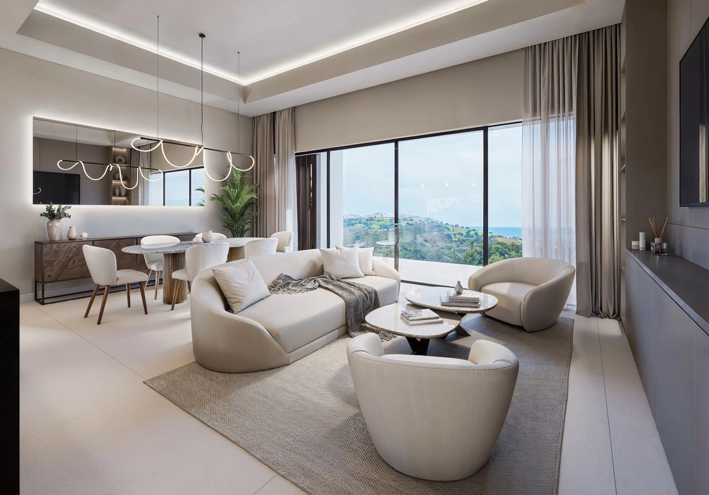 An elegant and spacious living room, filled with natural light, offering a seamless connection to the outdoors.