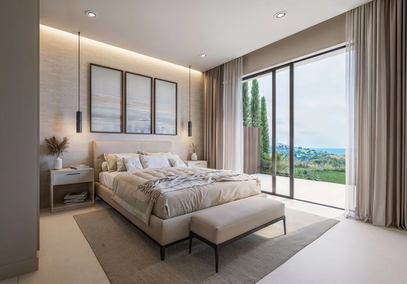 The master bedroom is a sanctuary of peace, offering direct access to a private terrace and wonderful views.