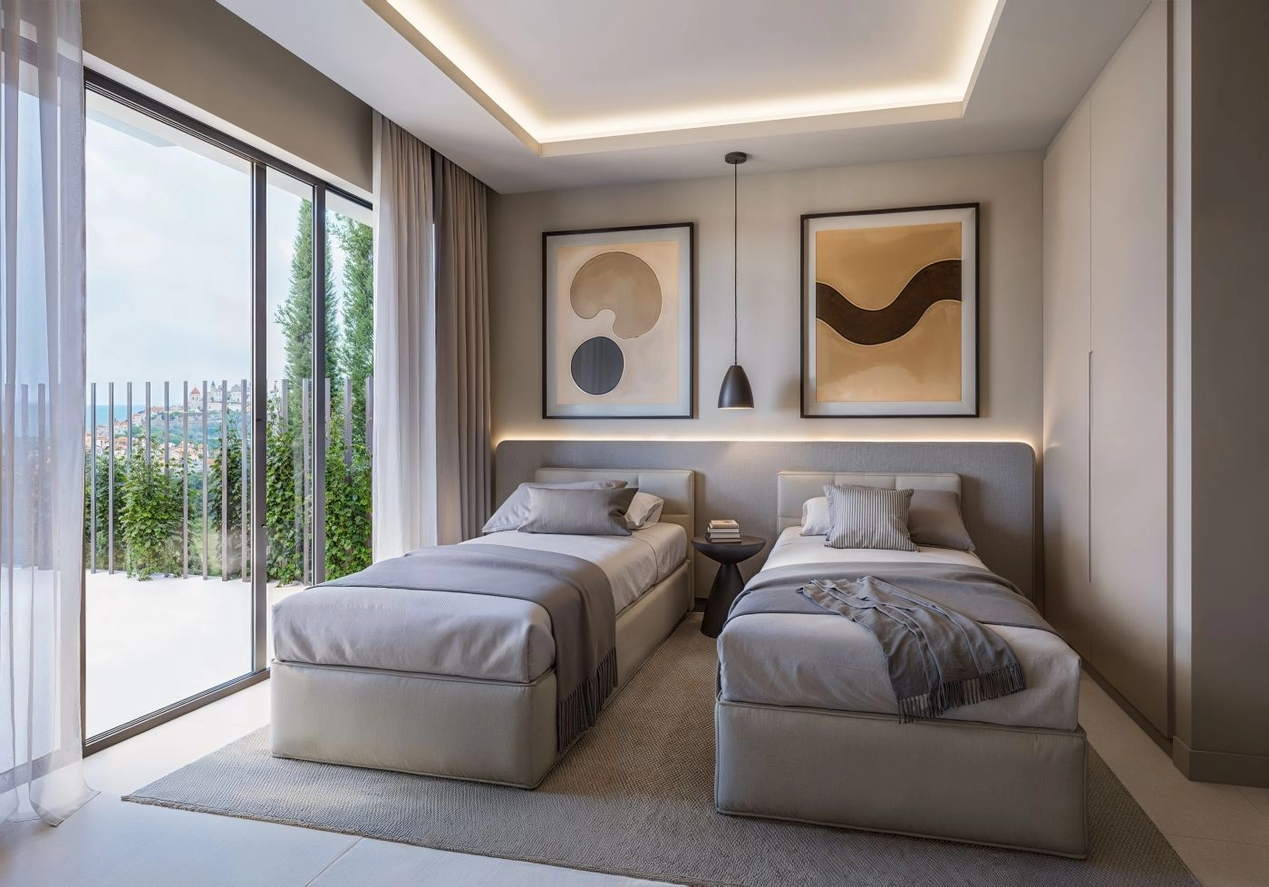 A bright and welcoming guest bedroom, featuring large windows that invite in the beautiful coastal light.