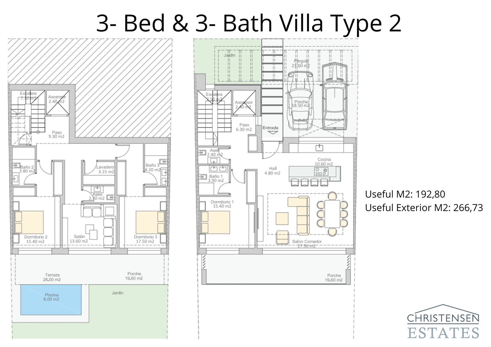 Floor plan for the Type 2 villa, illustrating the generous layout with three en-suite bedrooms and spacious living areas designed for modern comfort.