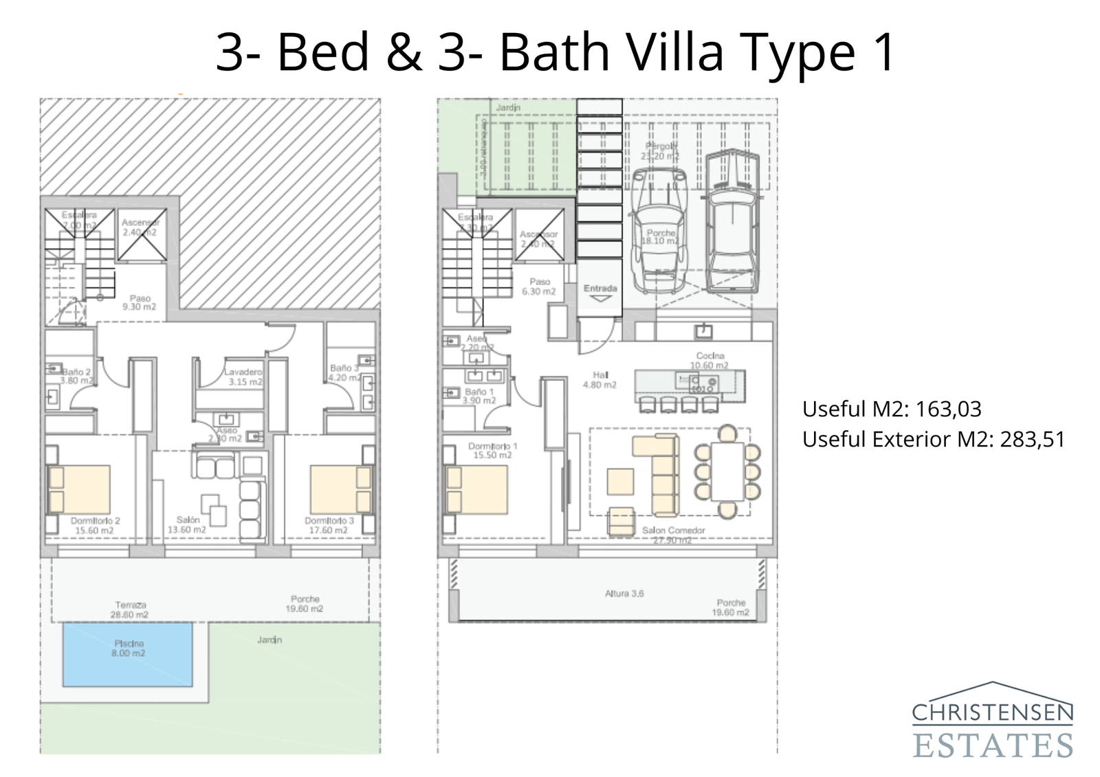 This villa layout showcases an intelligent use of space, creating a seamless flow between indoor rooms and the outdoor terrace and garden.