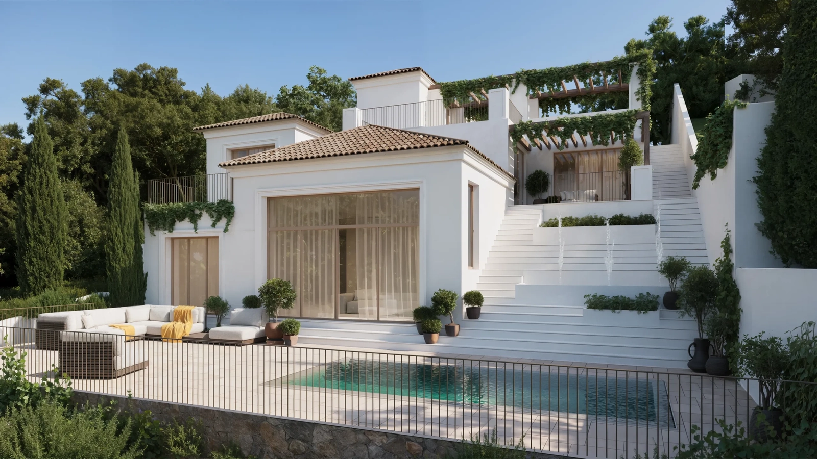 A stunning example of timeless Andalucian architecture, seamlessly blended with modern luxury and lush green surroundings.