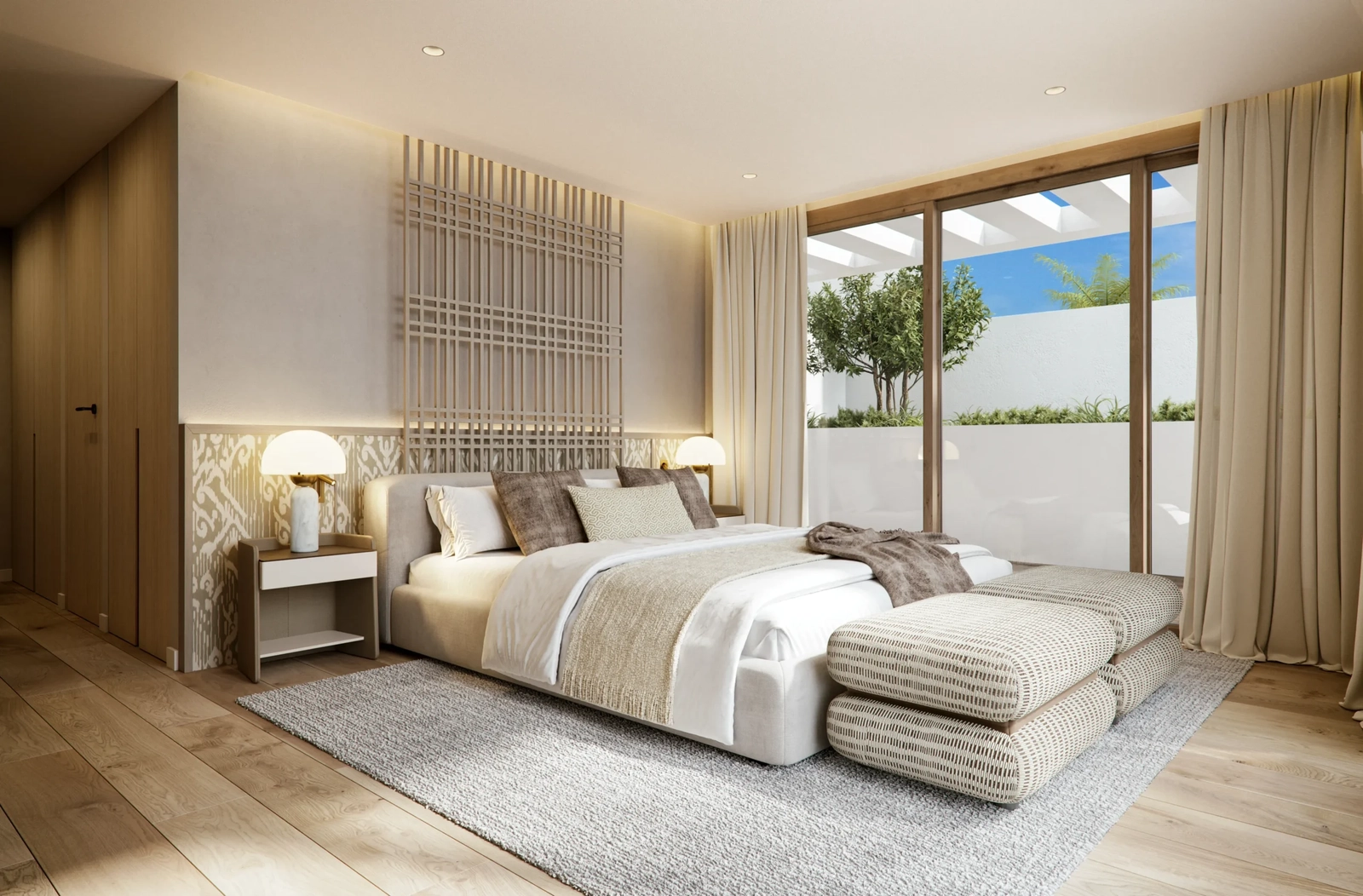 Elegant design and soft, natural light create a serene atmosphere in the master bedroom.