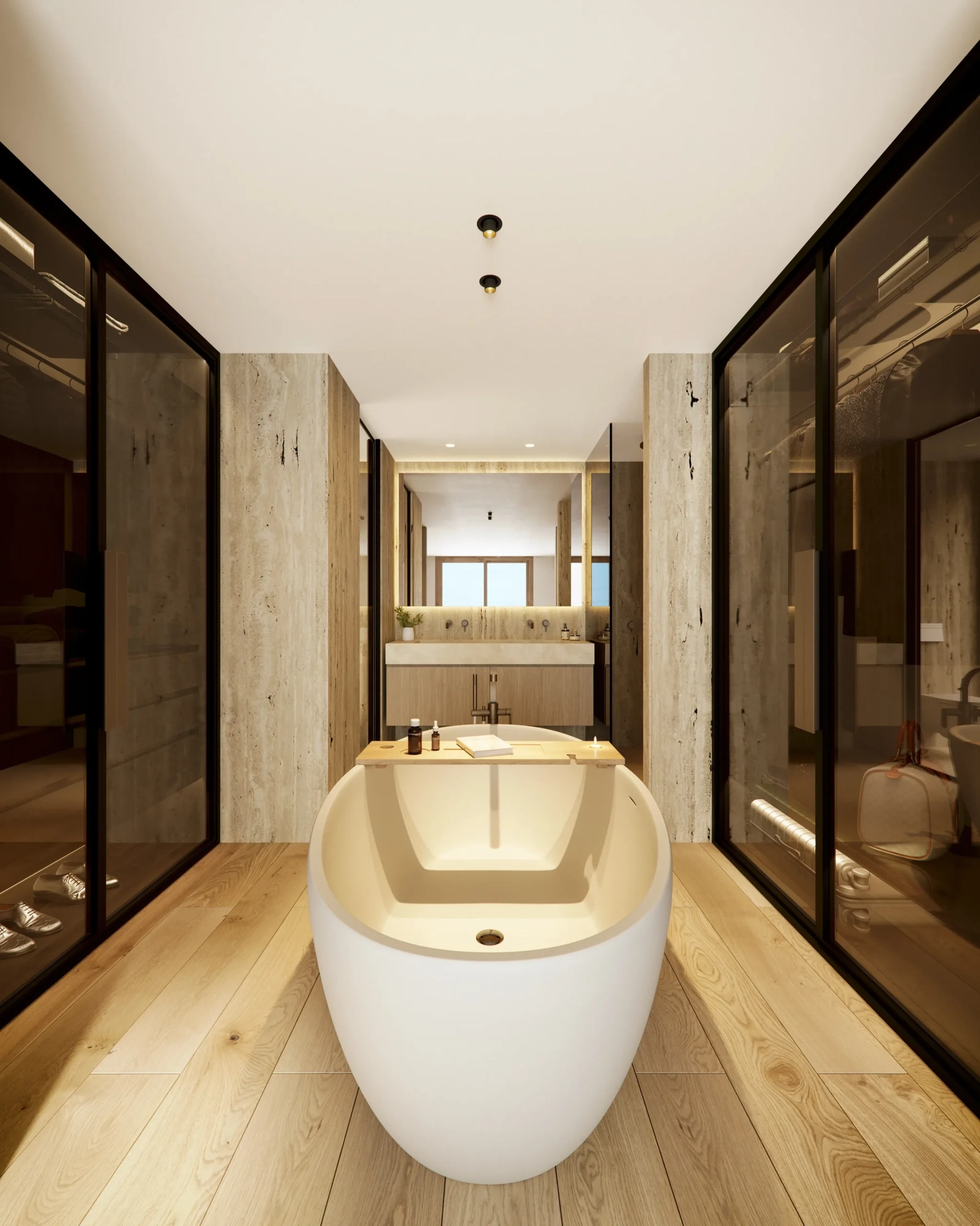 The main ensuite bathroom combines functionality and style with generous walk-in wardrobes and high-quality finishes.