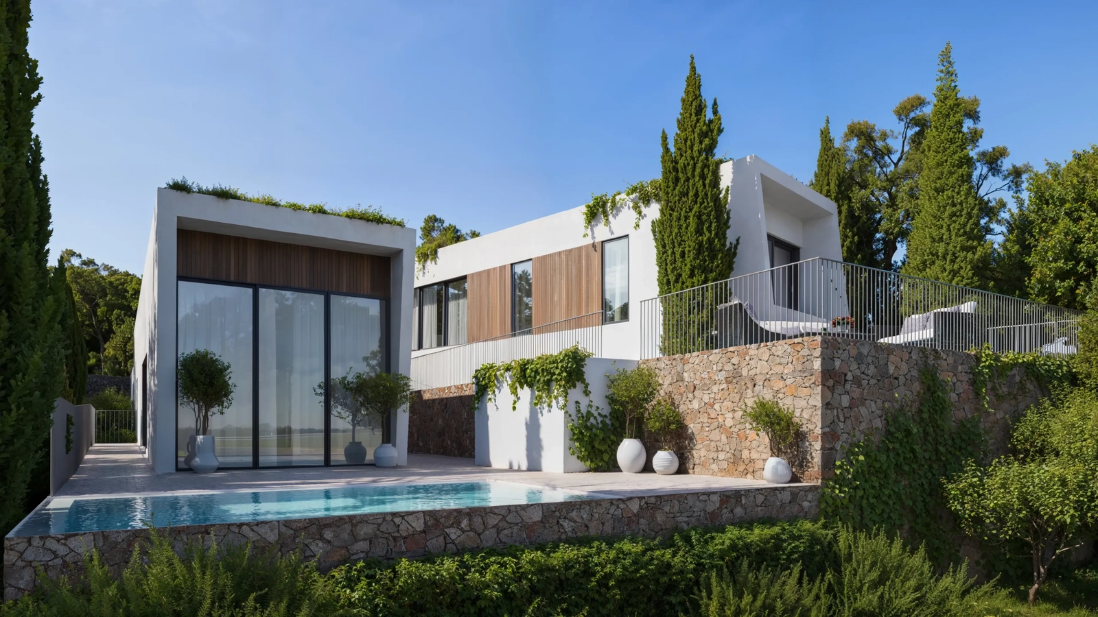 Clean lines and natural materials create a sophisticated exterior that is in complete harmony with its natural environment.