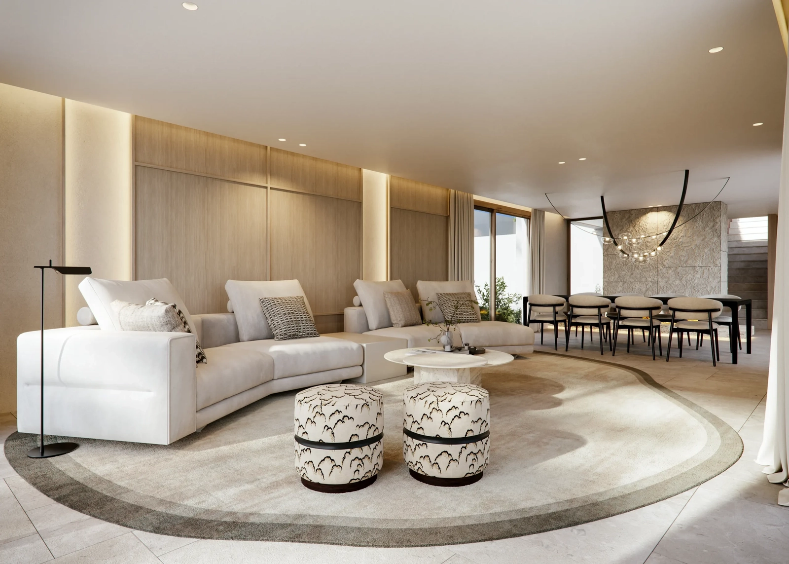 The open-plan living and dining areas are designed for comfort and elegance, with abundant natural light.