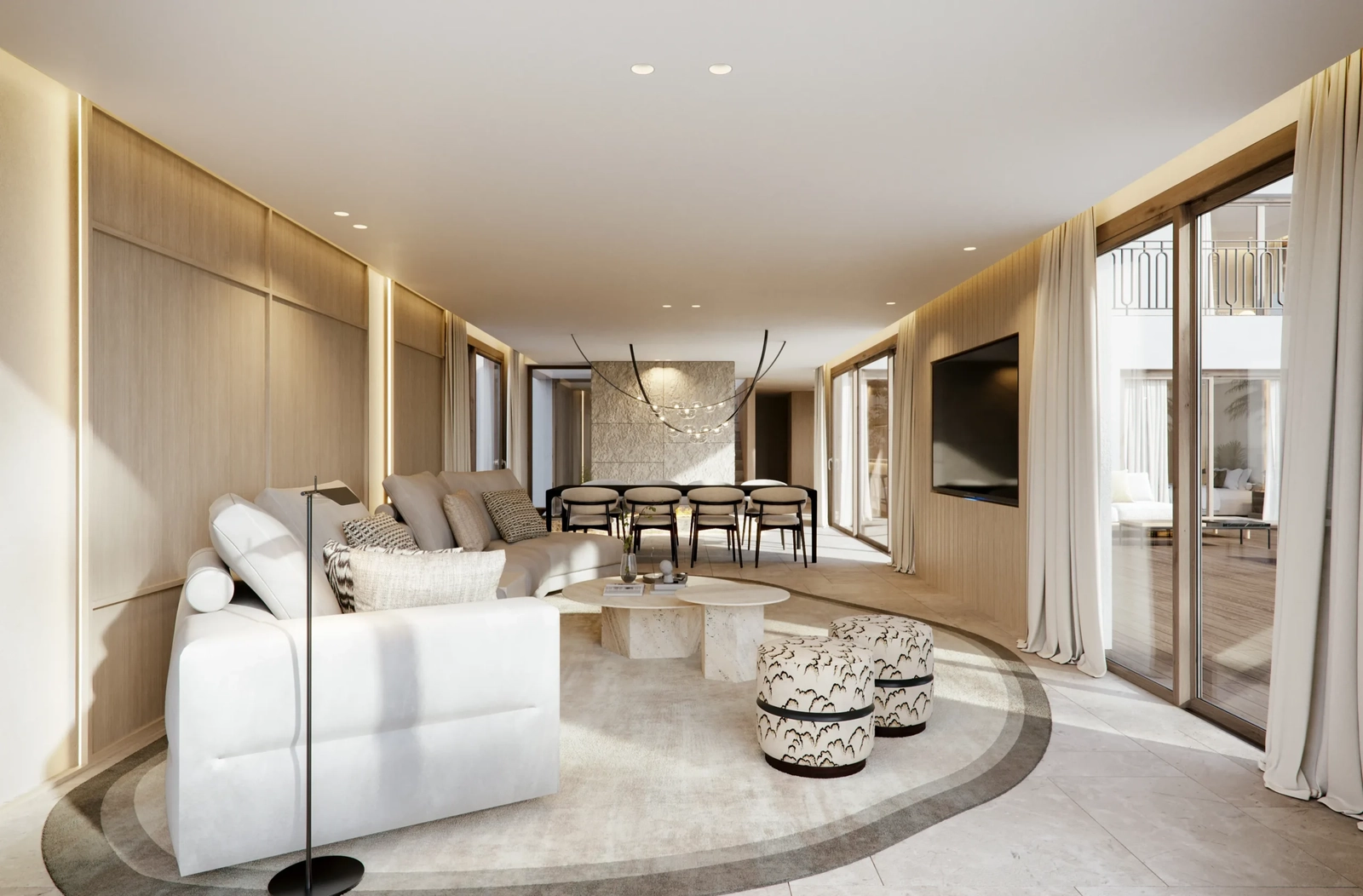 Large windows connect the interior living spaces to the beautiful outdoor terraces, creating a fluid living experience.