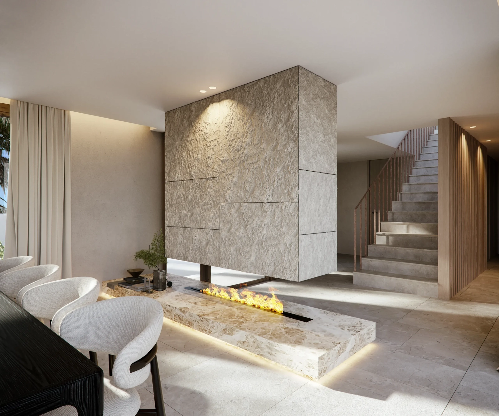 A modern fireplace crafted from natural stone serves as a stunning centerpiece, adding warmth and style.