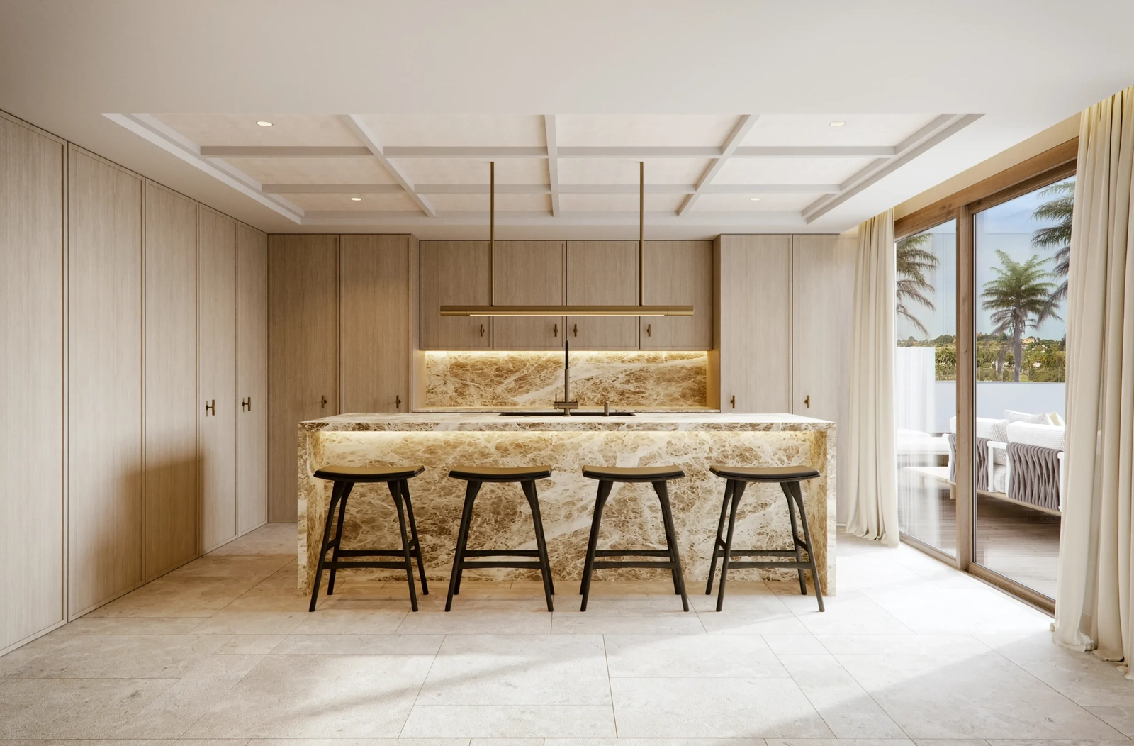 The designer kitchen features a striking marble island and top-of-the-line appliances, perfect for everyday living and hosting guests.