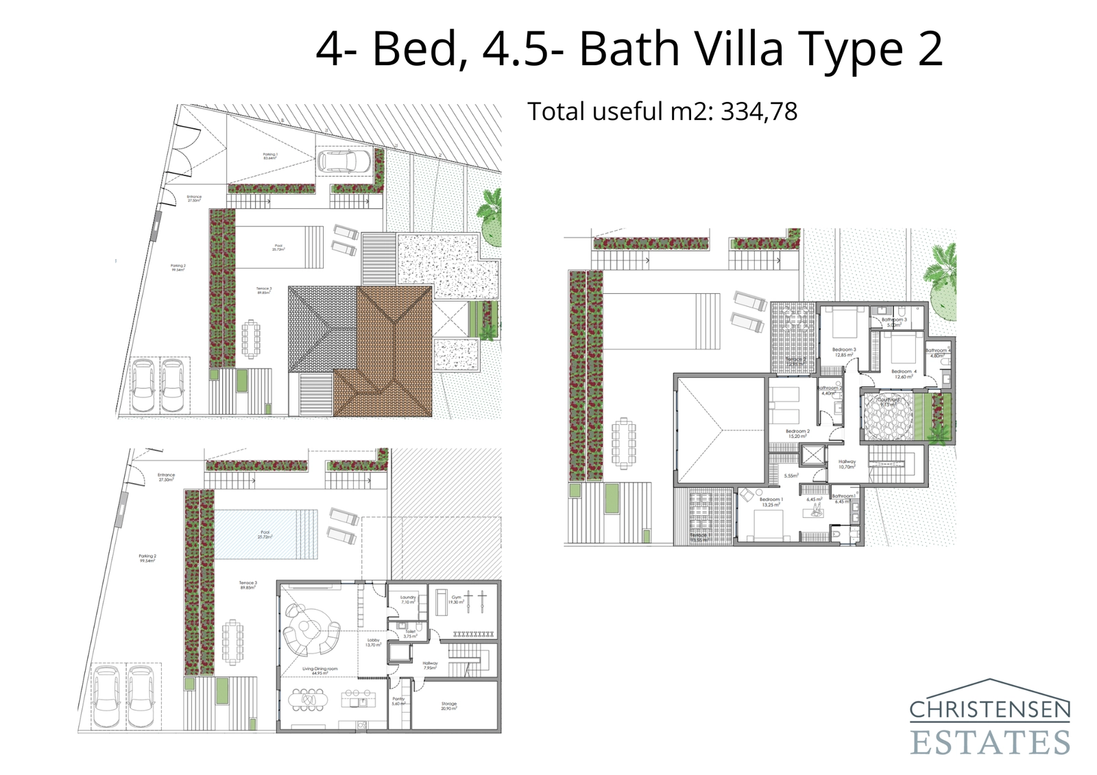 The floor plan for Villa Type 2 showcases generous living areas that flow onto large terraces, perfect for the Mediterranean lifestyle.