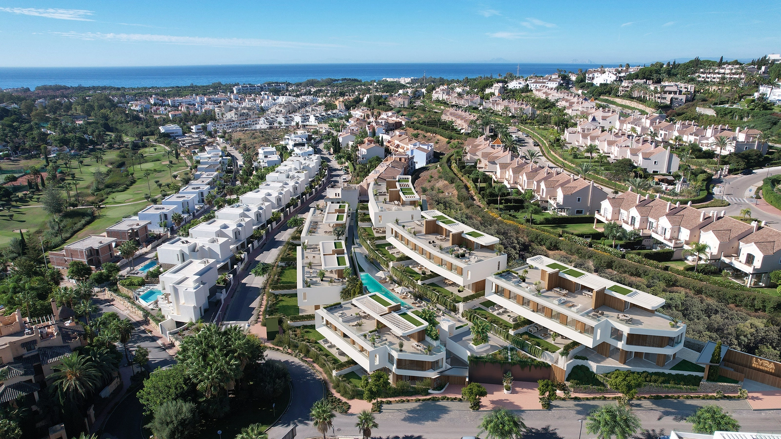 An impressive aerial view of Lyra Residences, showcasing its modern architecture and integration with the landscape.