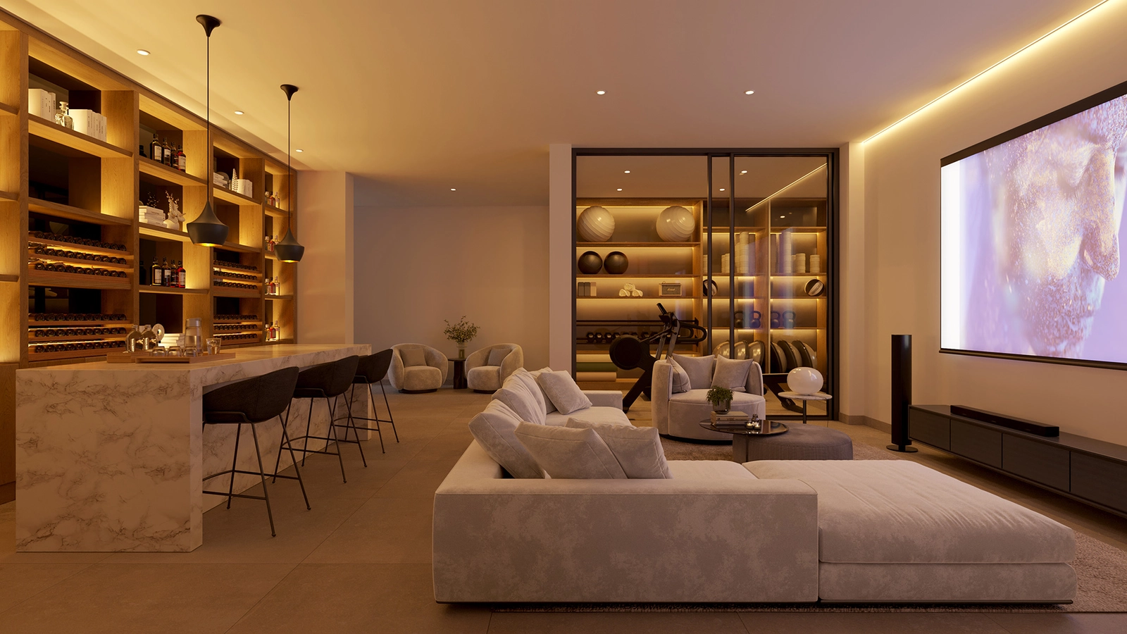 The versatile basement can be customized into a home cinema, bar, or entertainment room.