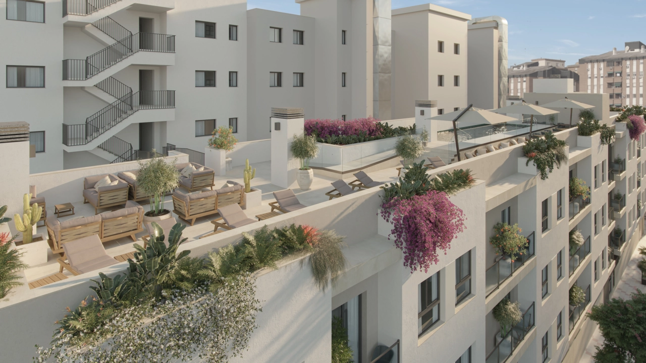 The rooftop terrace offers a private space for residents to enjoy the Mediterranean sun.