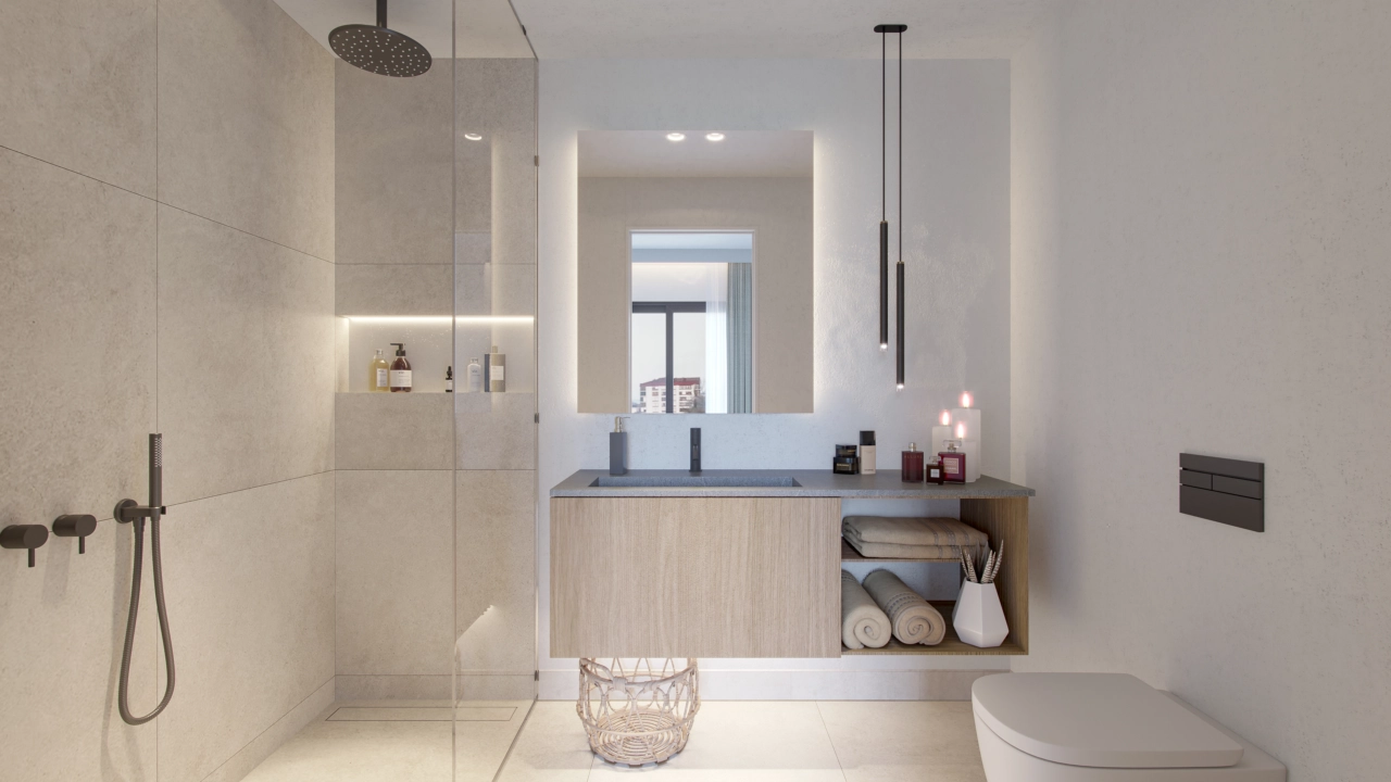Contemporary bathrooms feature high-end fittings, walk-in showers, and a clean aesthetic.
