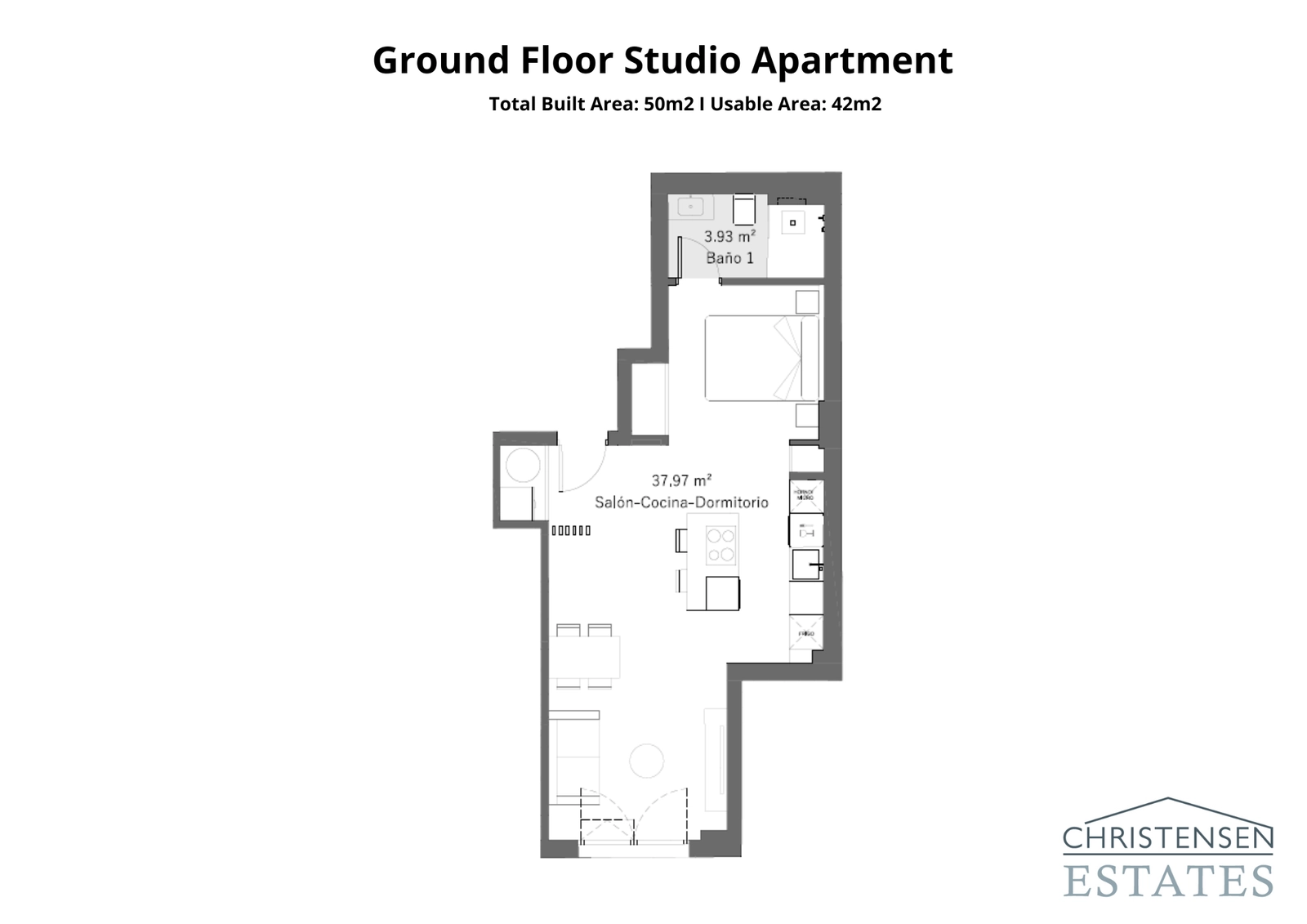 A smart and efficient studio layout, perfect for city living, combining living and sleeping areas seamlessly.