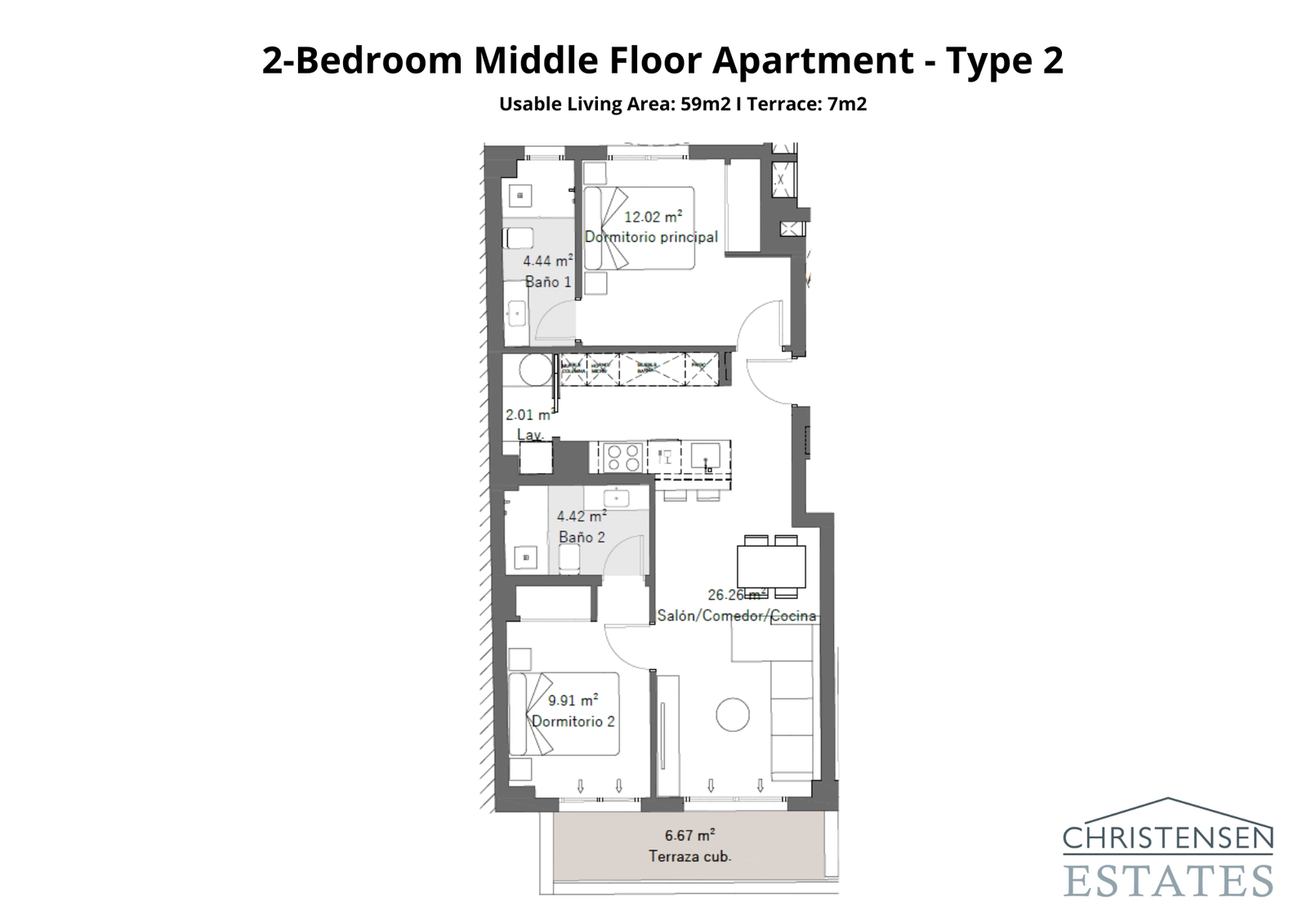 A well-designed two-bedroom apartment with a spacious living area opening onto a generous covered terrace.