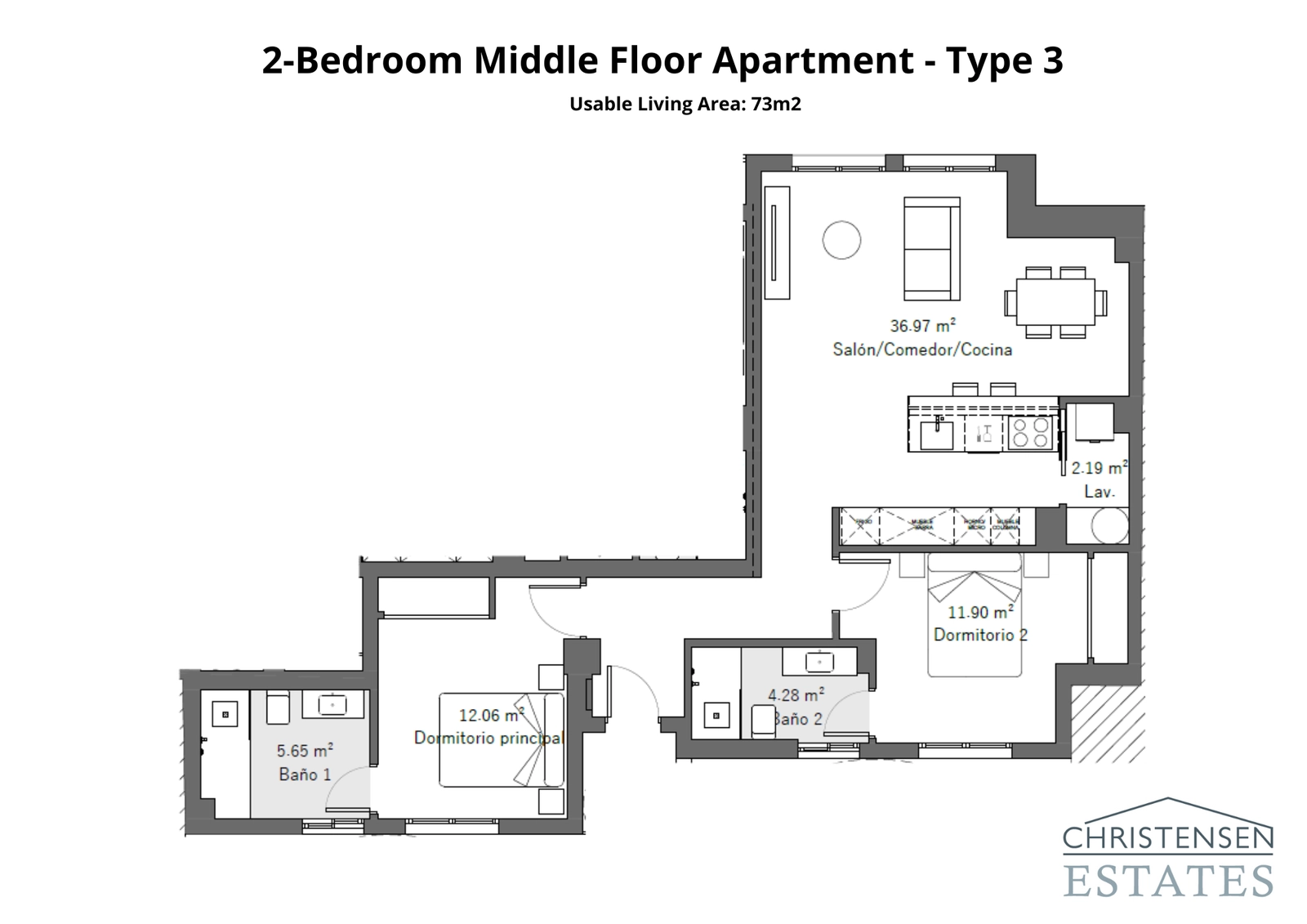 An expansive two-bedroom home with a generous open-plan living and dining area designed for modern living.