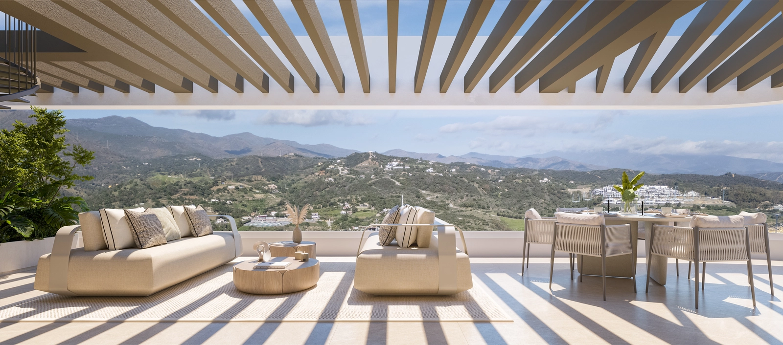 Relax on your private terrace and enjoy stunning views of the Sierra Bermeja mountains, a perfect backdrop for peaceful moments.