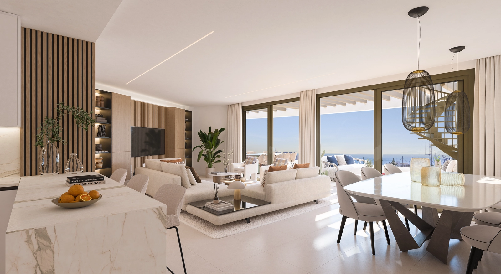The bright and spacious open-plan living and dining area, designed with high-quality materials for comfort and style.
