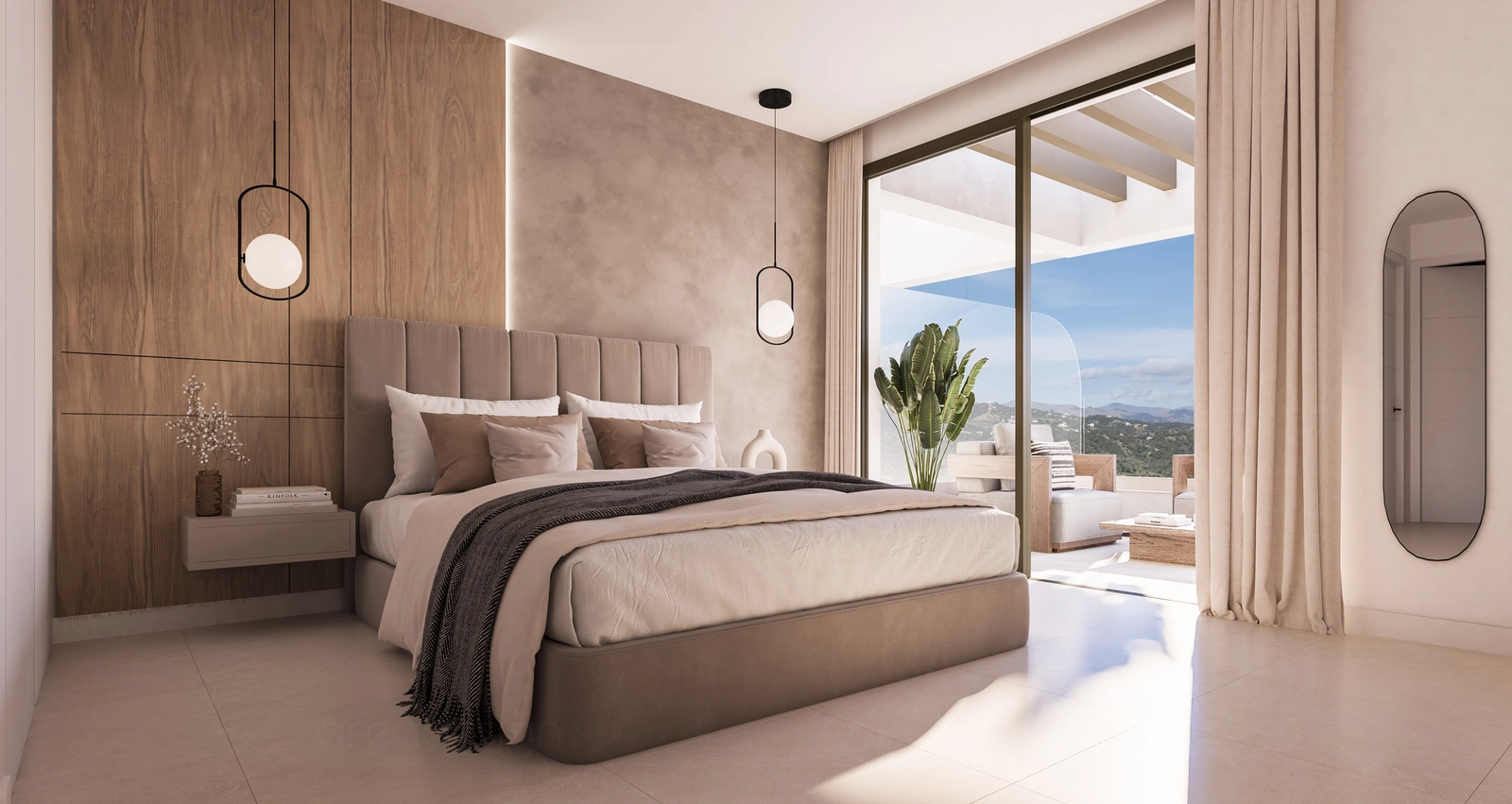 The master bedroom is a peaceful retreat, featuring large windows that open onto a private terrace with lovely views.