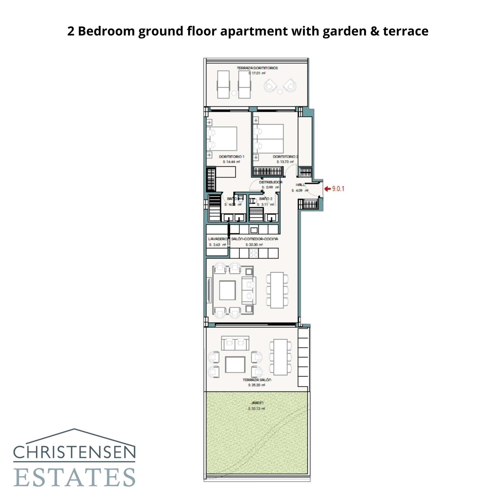 This two-bedroom ground-floor plan shows a spacious layout with direct access to a private garden and terrace, offering a seamless indoor-outdoor living experience.