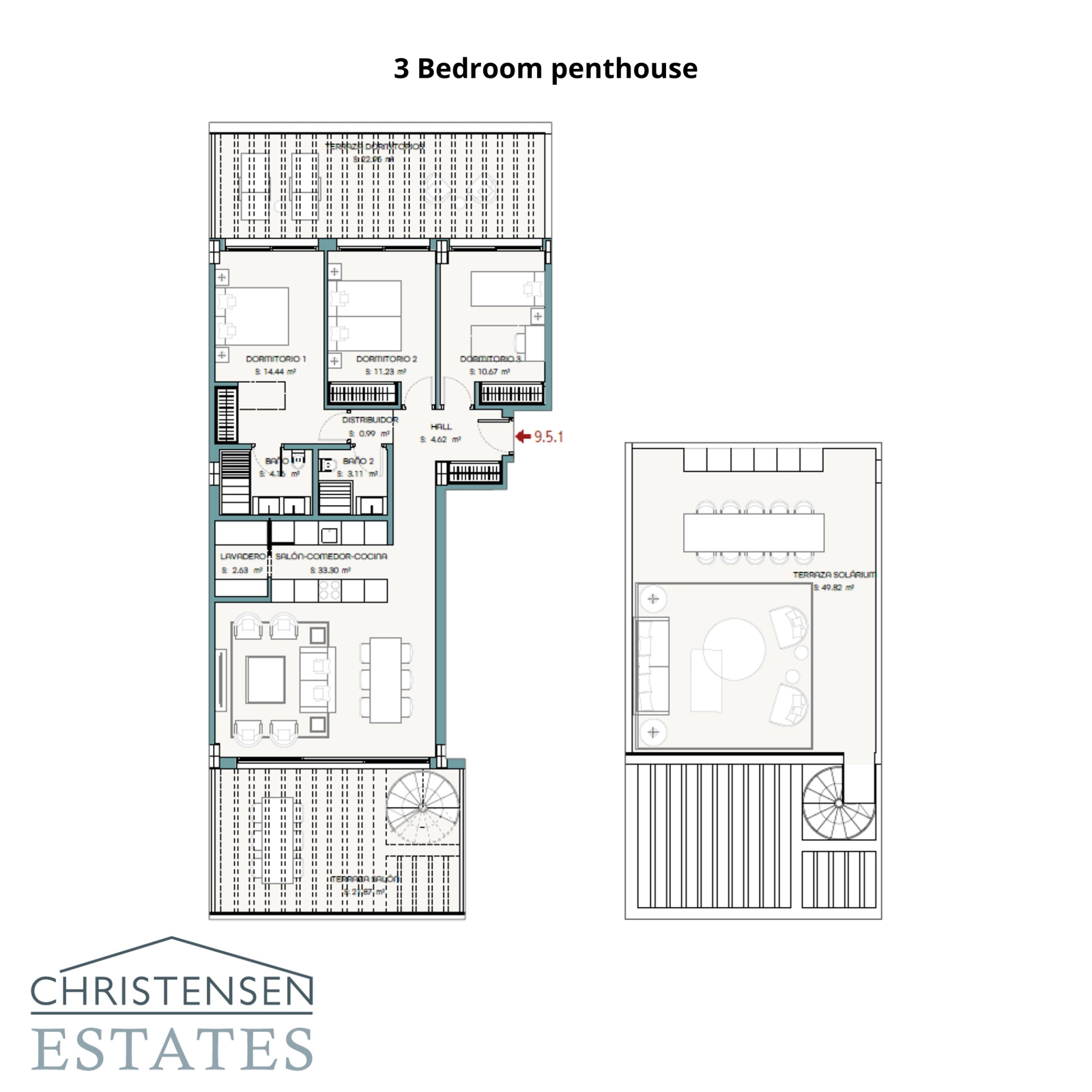 The exclusive three-bedroom penthouse layout, complete with an expansive rooftop solarium for private sunbathing, dining, and entertaining.