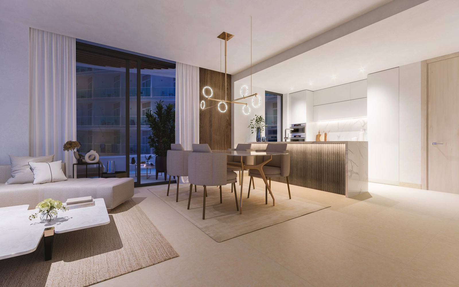 The open-plan dining and kitchen area, designed for modern comfort and entertaining guests.