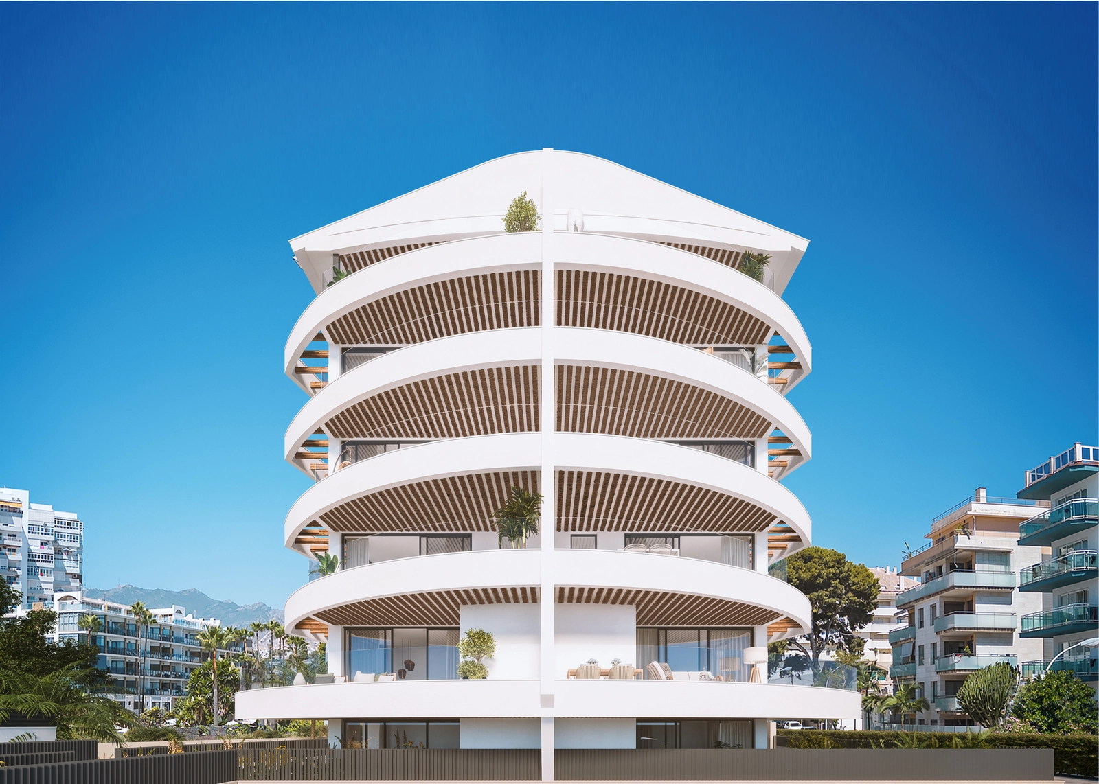 The development's stunning wave-like architecture and communal swimming pool.