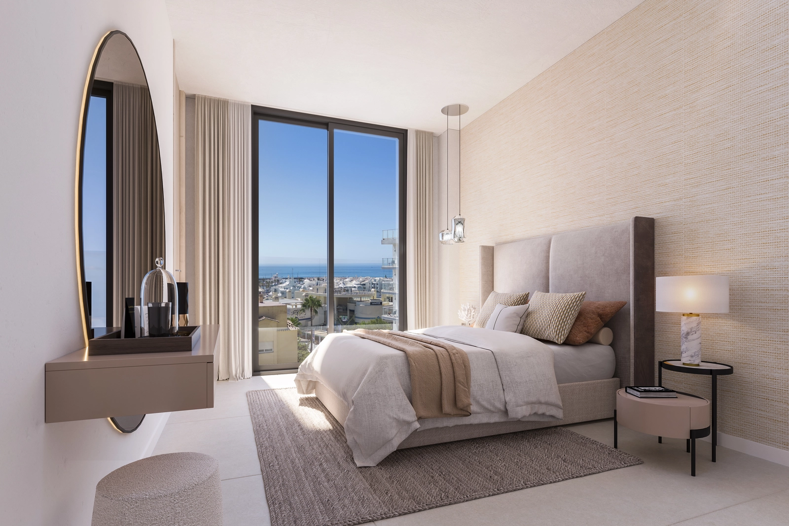 Wake up to natural light in this beautifully designed master bedroom with coastal vistas.