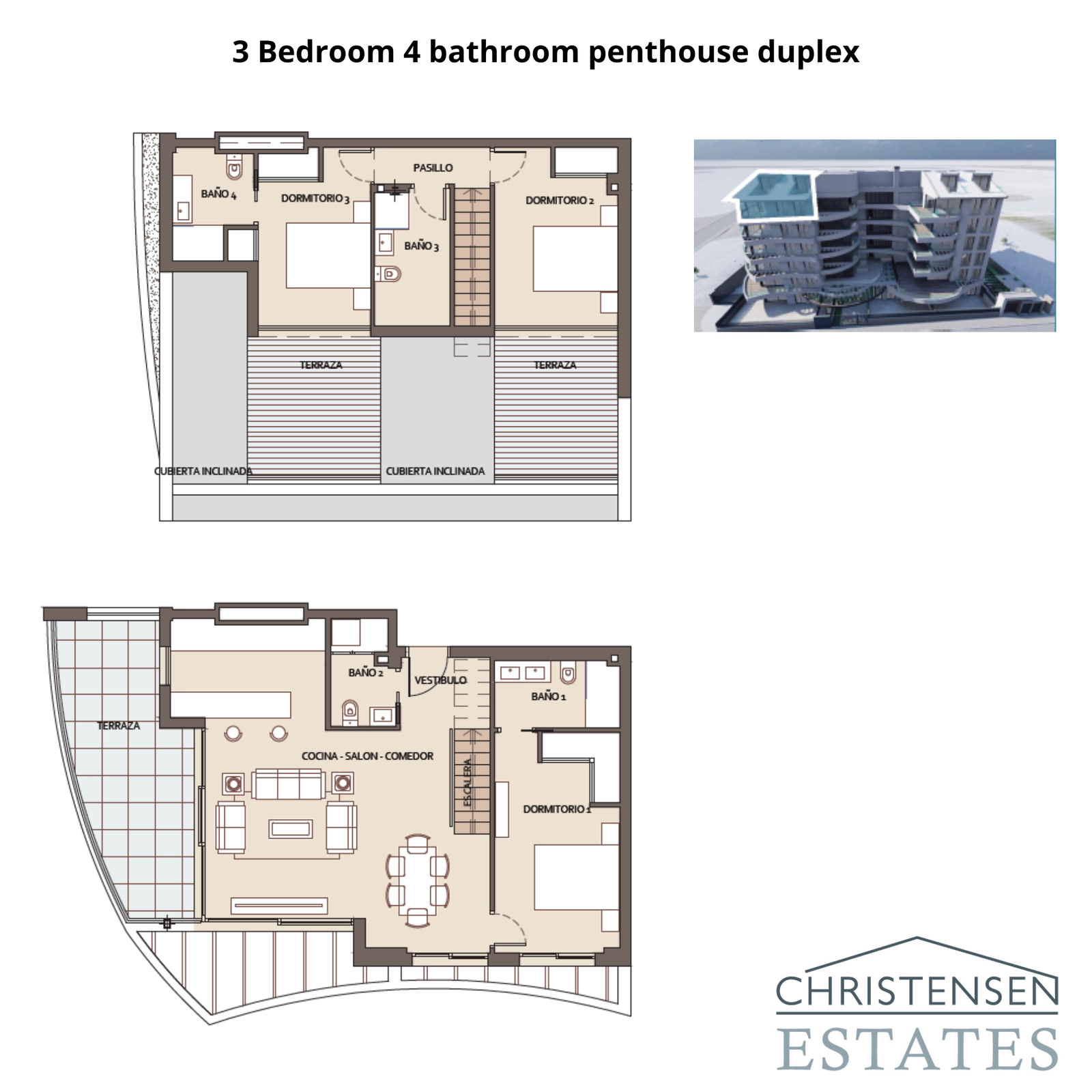 The expansive three-bedroom, four-bathroom duplex penthouse layout, showcasing multiple terraces and exceptional space for luxury living.