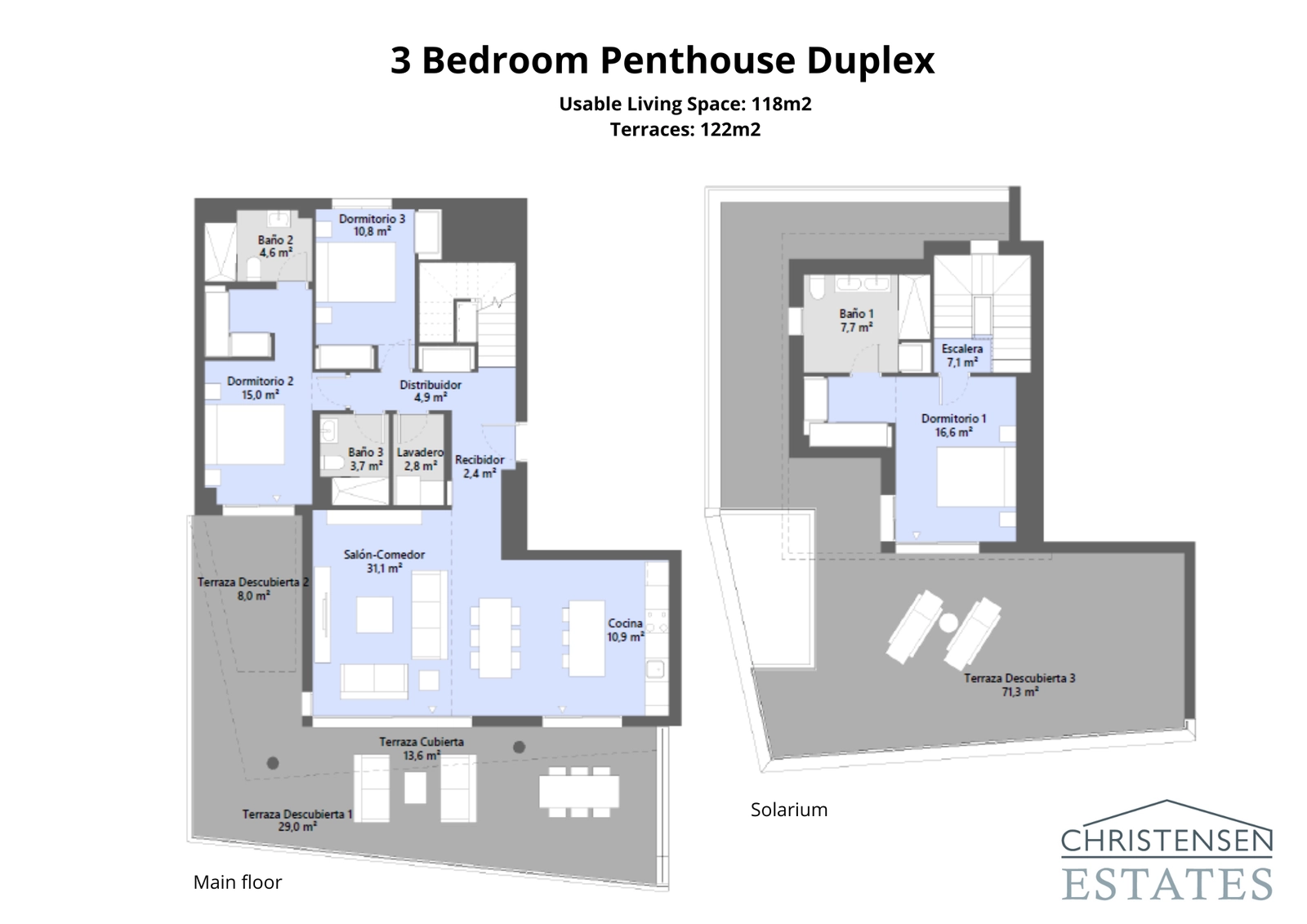 This three-bedroom duplex penthouse layout shows a generous living area and a large solarium for the ultimate indoor-outdoor lifestyle.