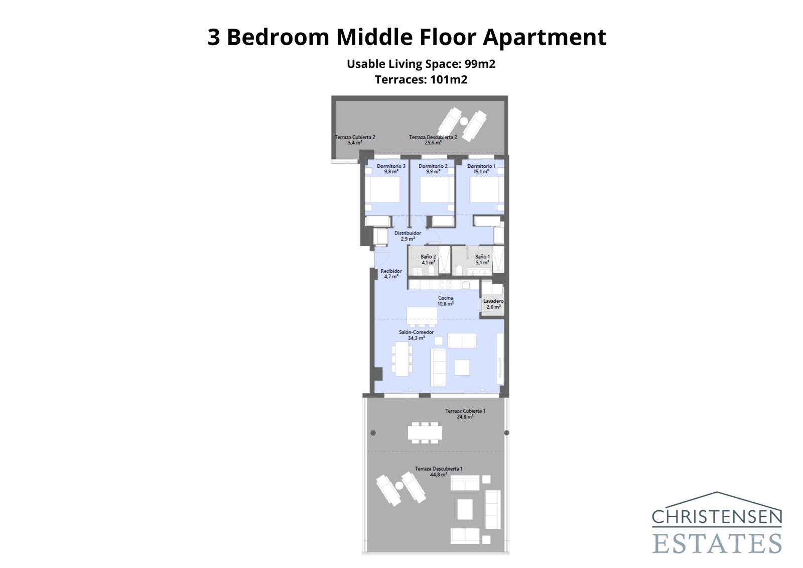 The three-bedroom apartment floor plan reveals a smart distribution of space, with all main rooms opening onto expansive terraces.
