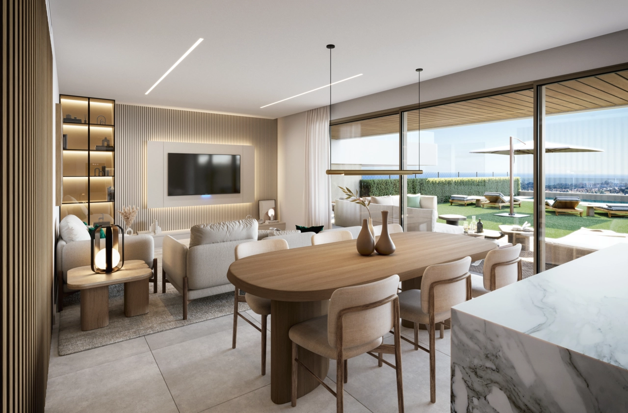 The open-plan dining and living space is designed for comfort and modern living.