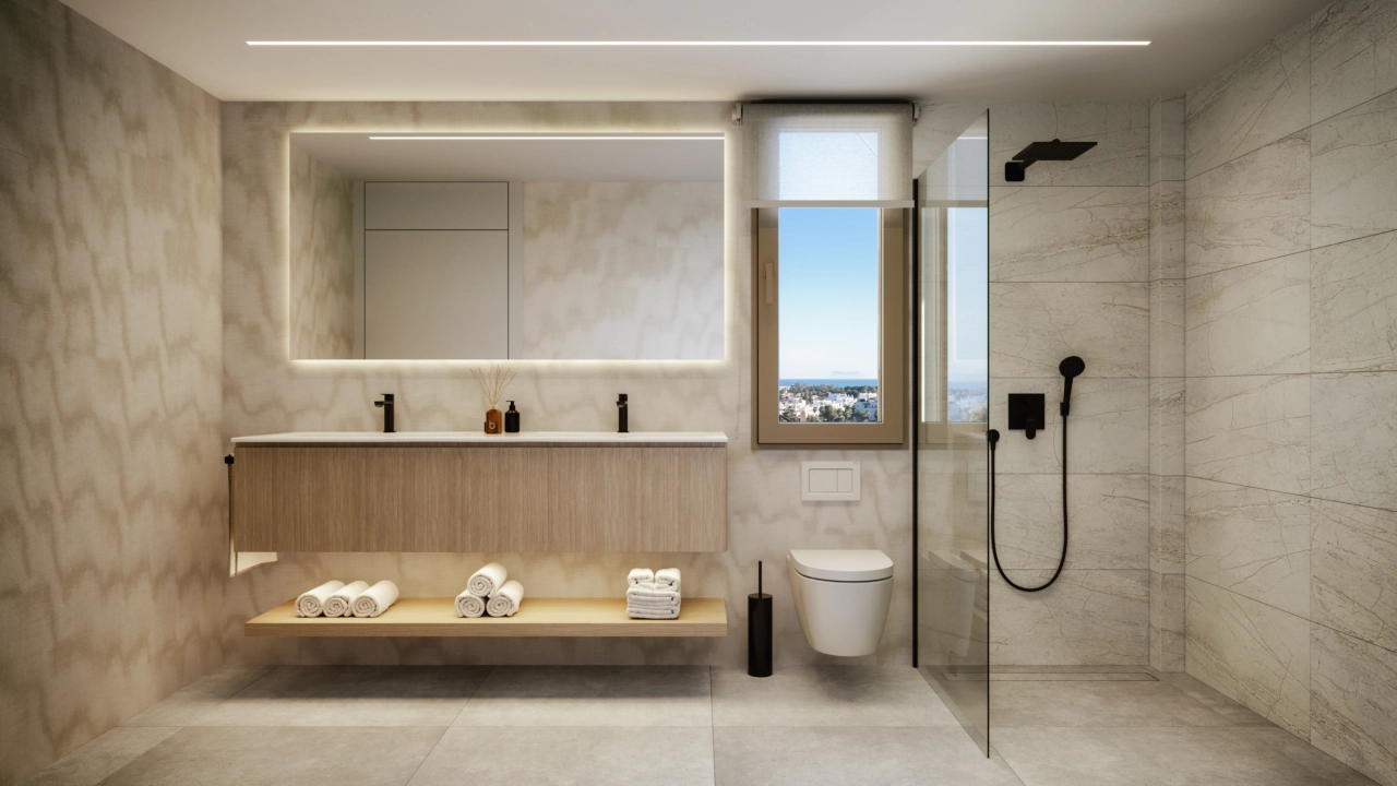 Modern bathrooms are equipped with high-quality fixtures and sophisticated finishes.