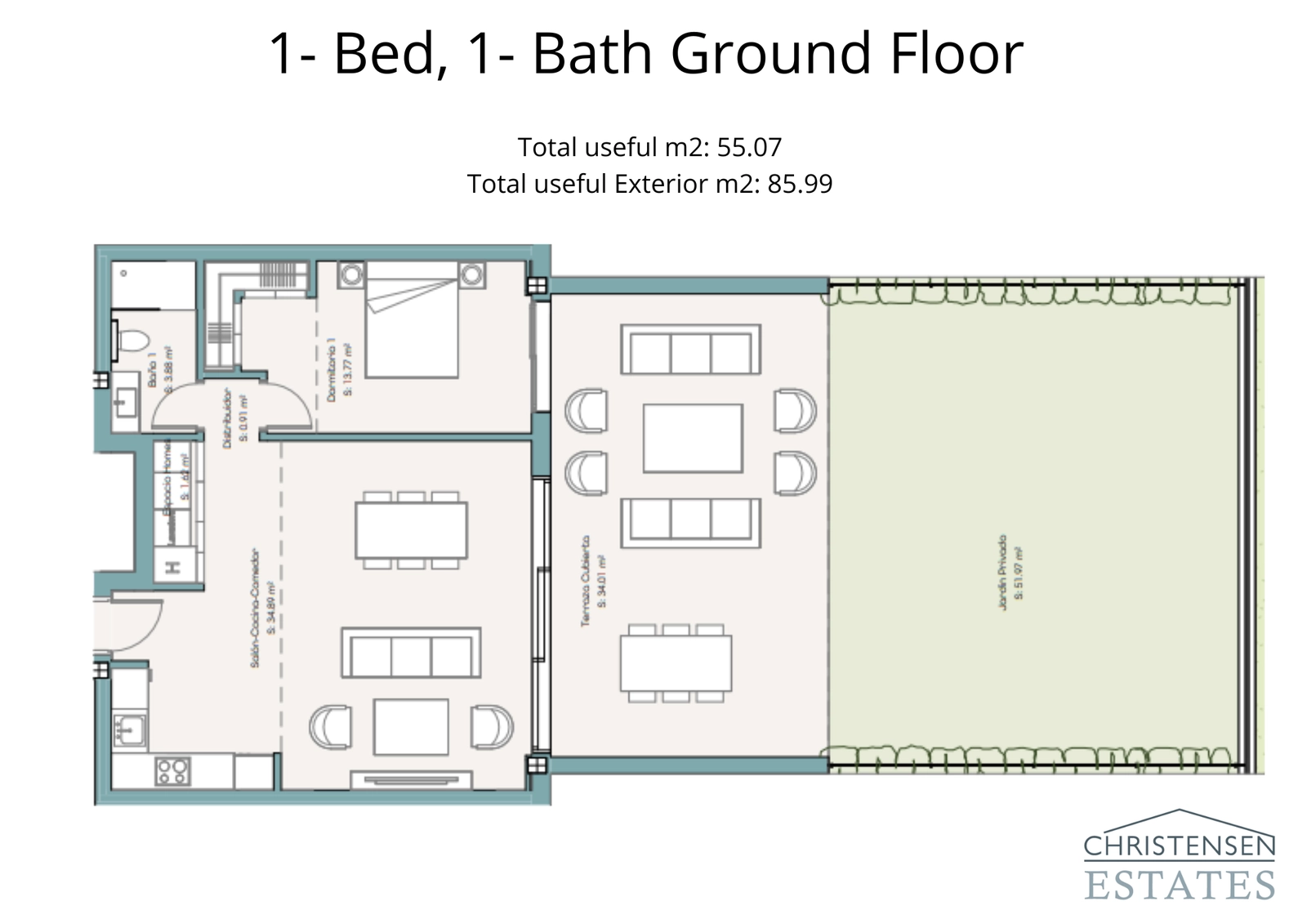 Layout for a one-bedroom ground-floor home, showcasing the generous private garden and covered terrace.