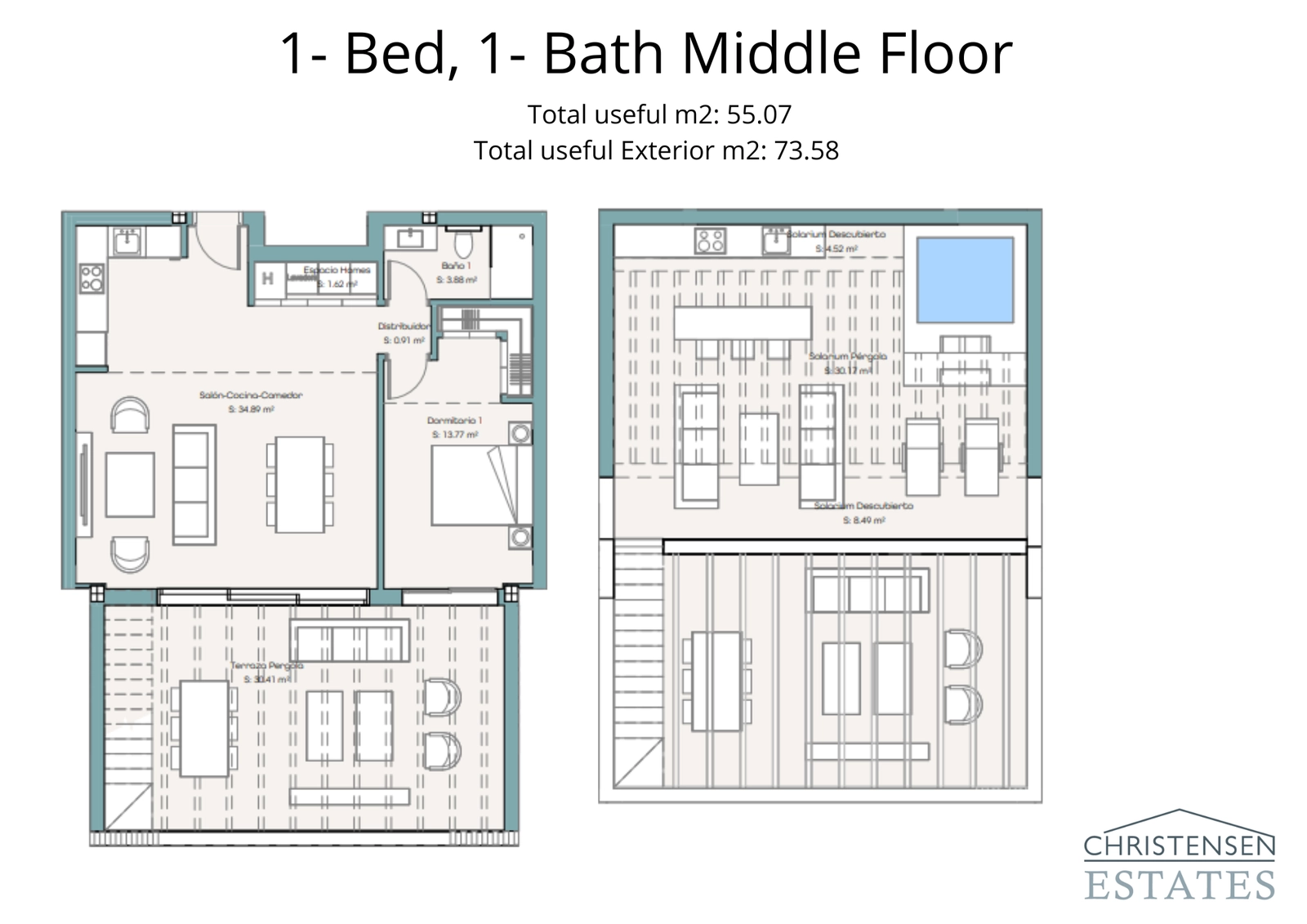 Floor plan for a one-bedroom apartment with an expansive terrace and solarium, designed for optimal sun exposure.