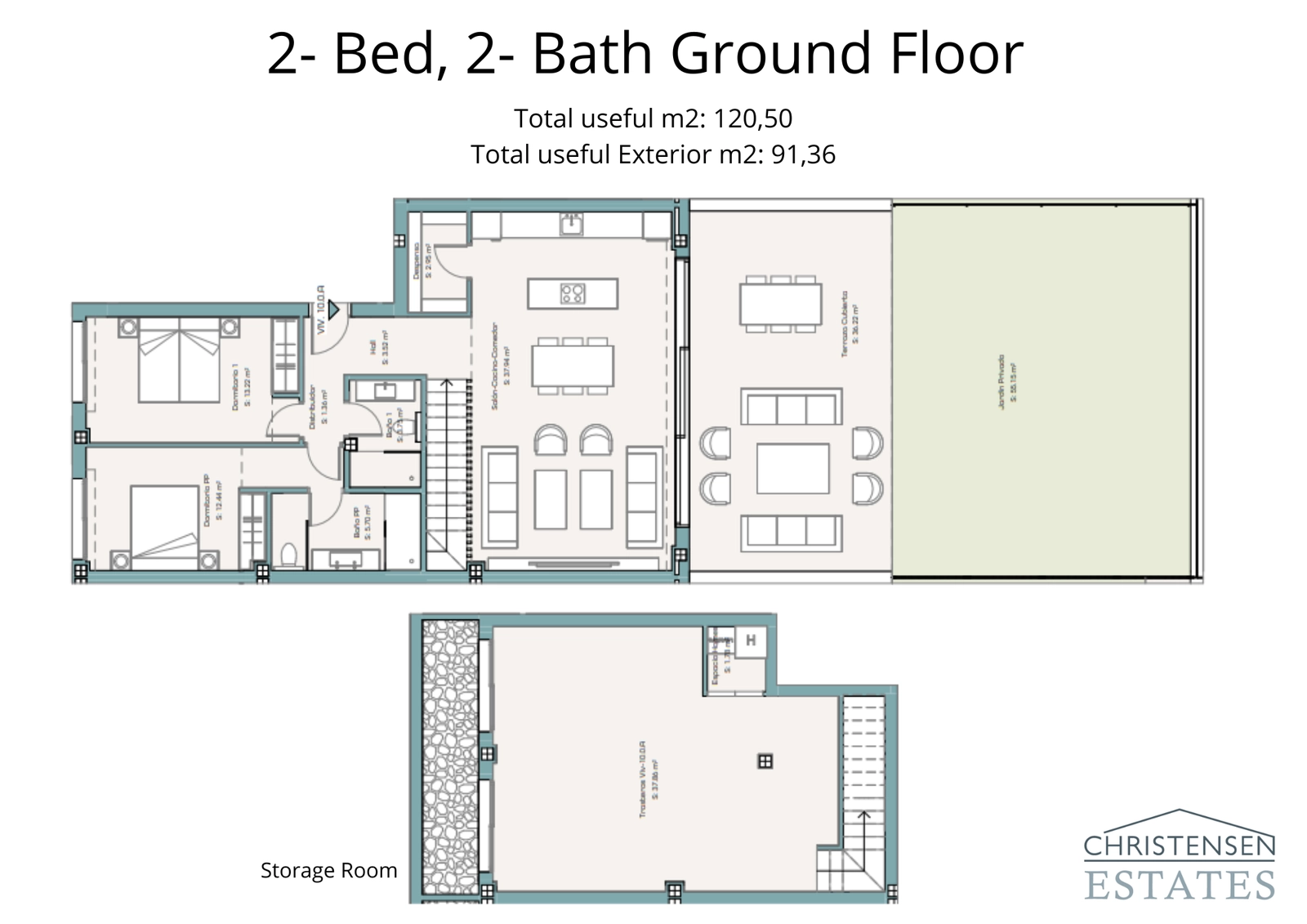 This two-bedroom ground-floor layout includes a spacious garden, terrace, and a convenient storage room.