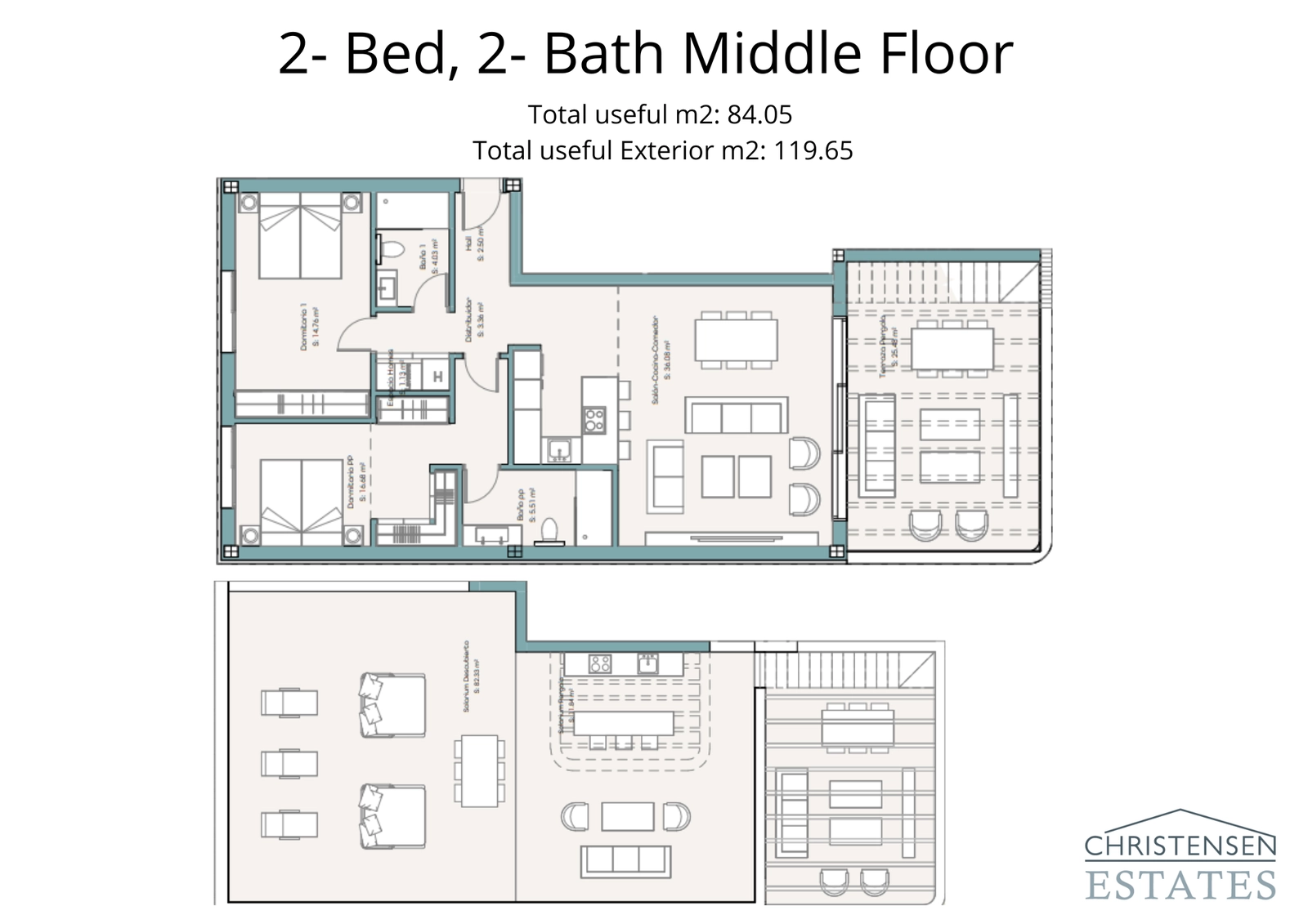 A well-designed two-bedroom apartment plan featuring extensive outdoor living space across multiple terraces.