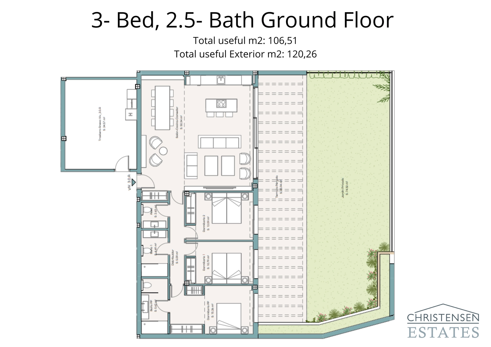 Spacious three-bedroom ground-floor layout featuring a large private garden perfect for family life.