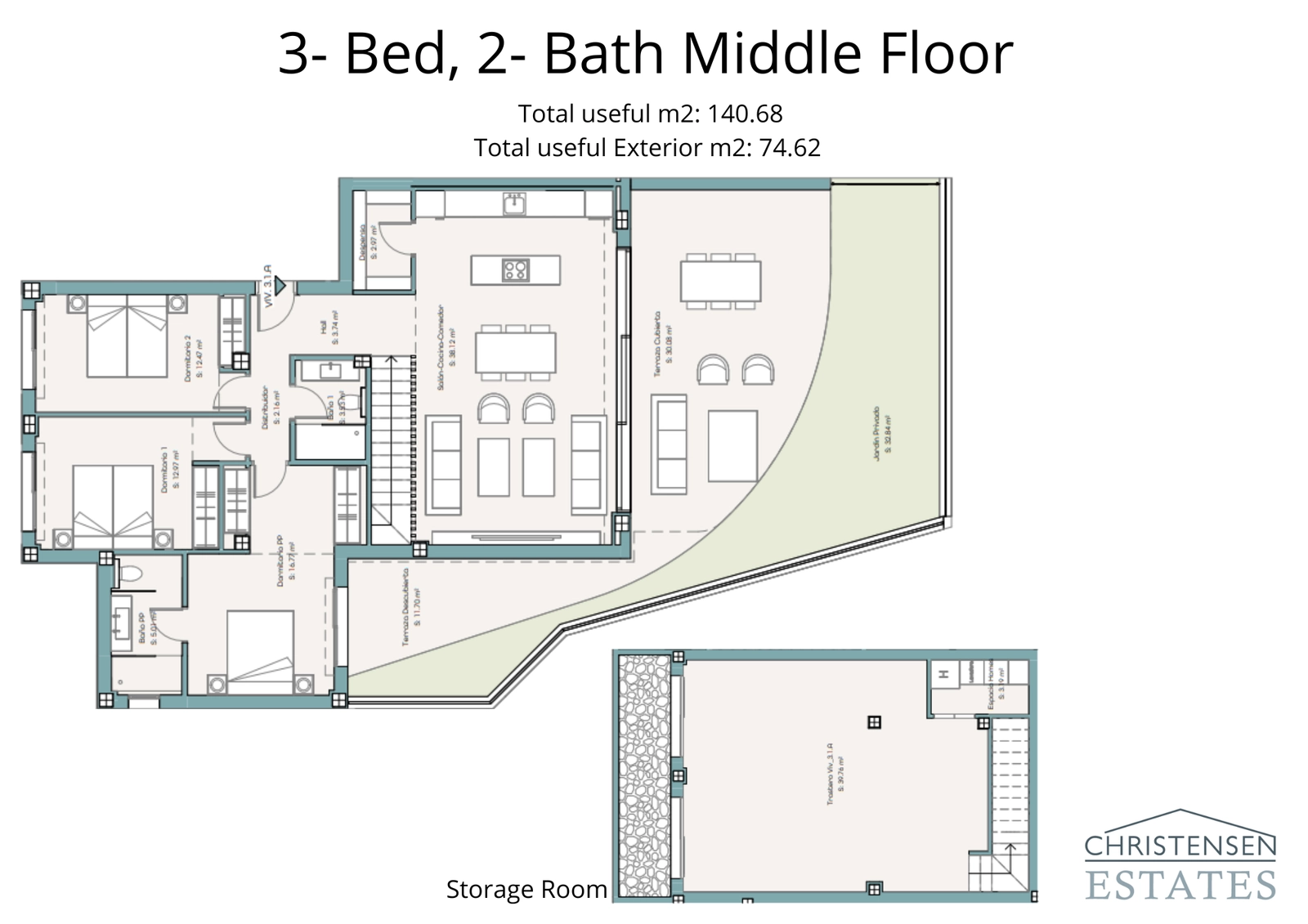 This three-bedroom floor plan provides ample space, with a smart layout that includes a large terrace and storage.