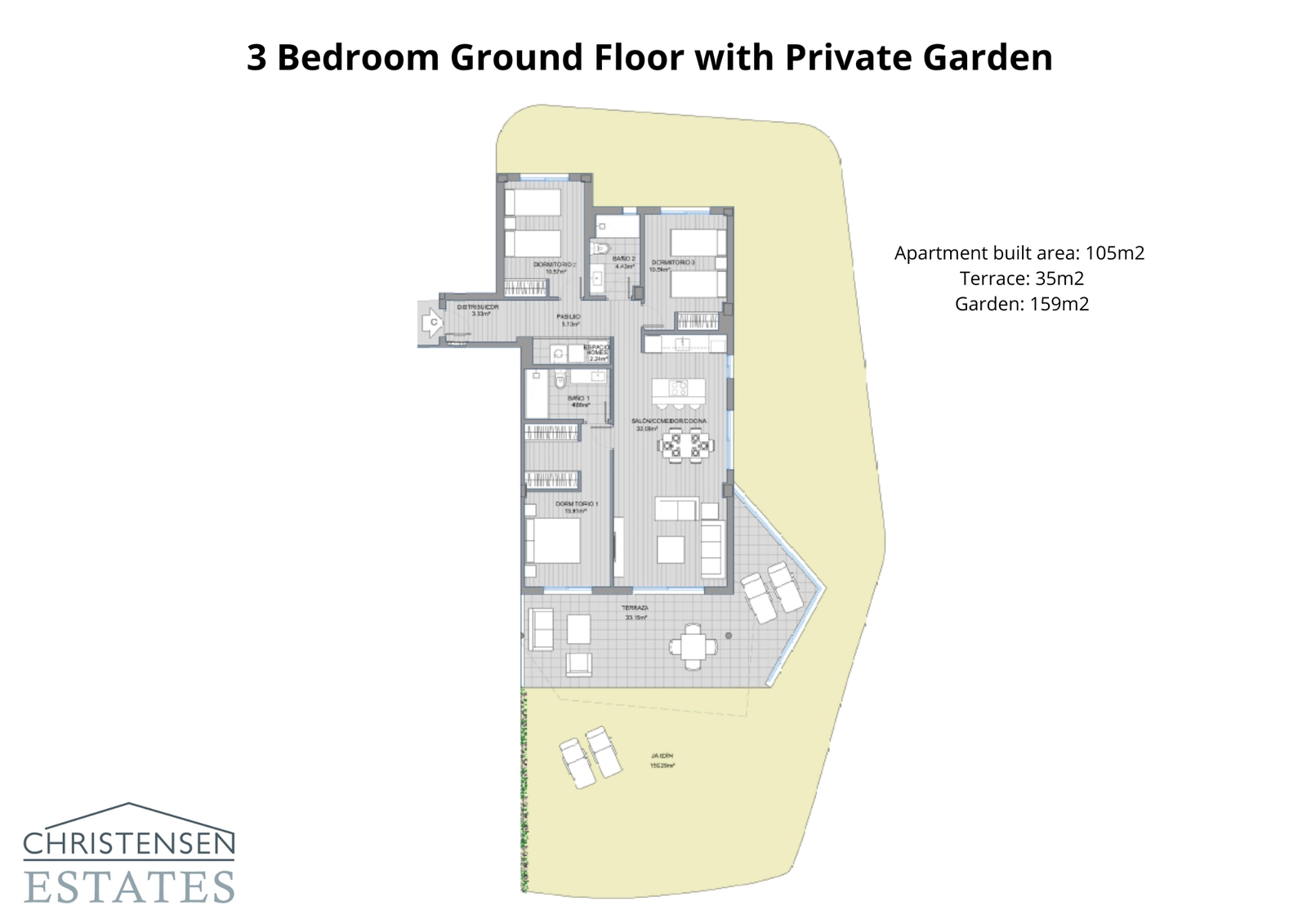This three-bedroom ground floor layout features a generous private garden, extending your living space into the outdoors.