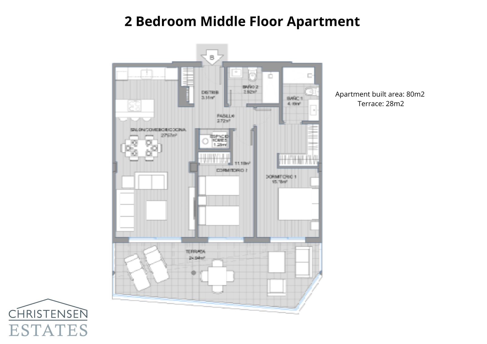 A well-designed two-bedroom apartment plan, offering a comfortable layout with an open-plan living area and a spacious terrace.