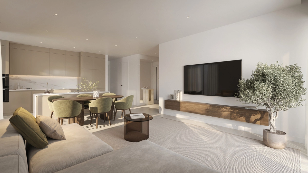 An elegant living room designed for comfort, seamlessly connecting to the dining area and kitchen.