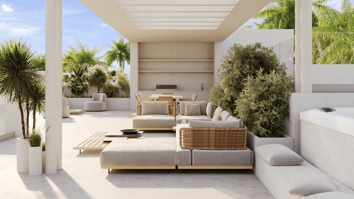 A spacious penthouse terrace provides the perfect private setting for relaxation or entertaining guests outdoors.